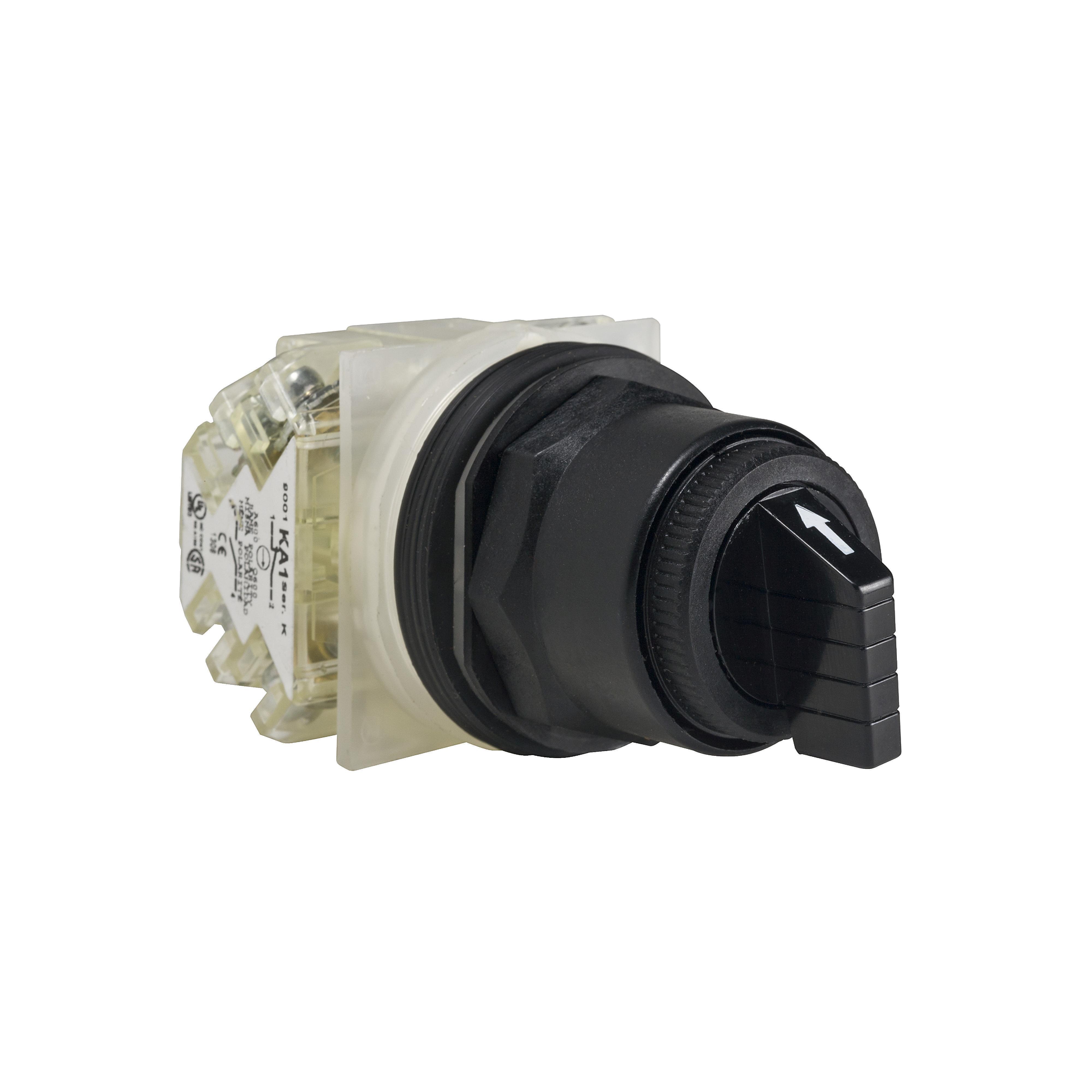 Square D™ Harmony™ 9001SKS46BH2 Type SK Corrosion-Resistant Dusttight/Oiltight/Watertight Heavy Duty Round Non-Illuminated Selector Switch, 30 mm, 2NO-2NC Contact, Slow Break Contact, Knob Operator, Black