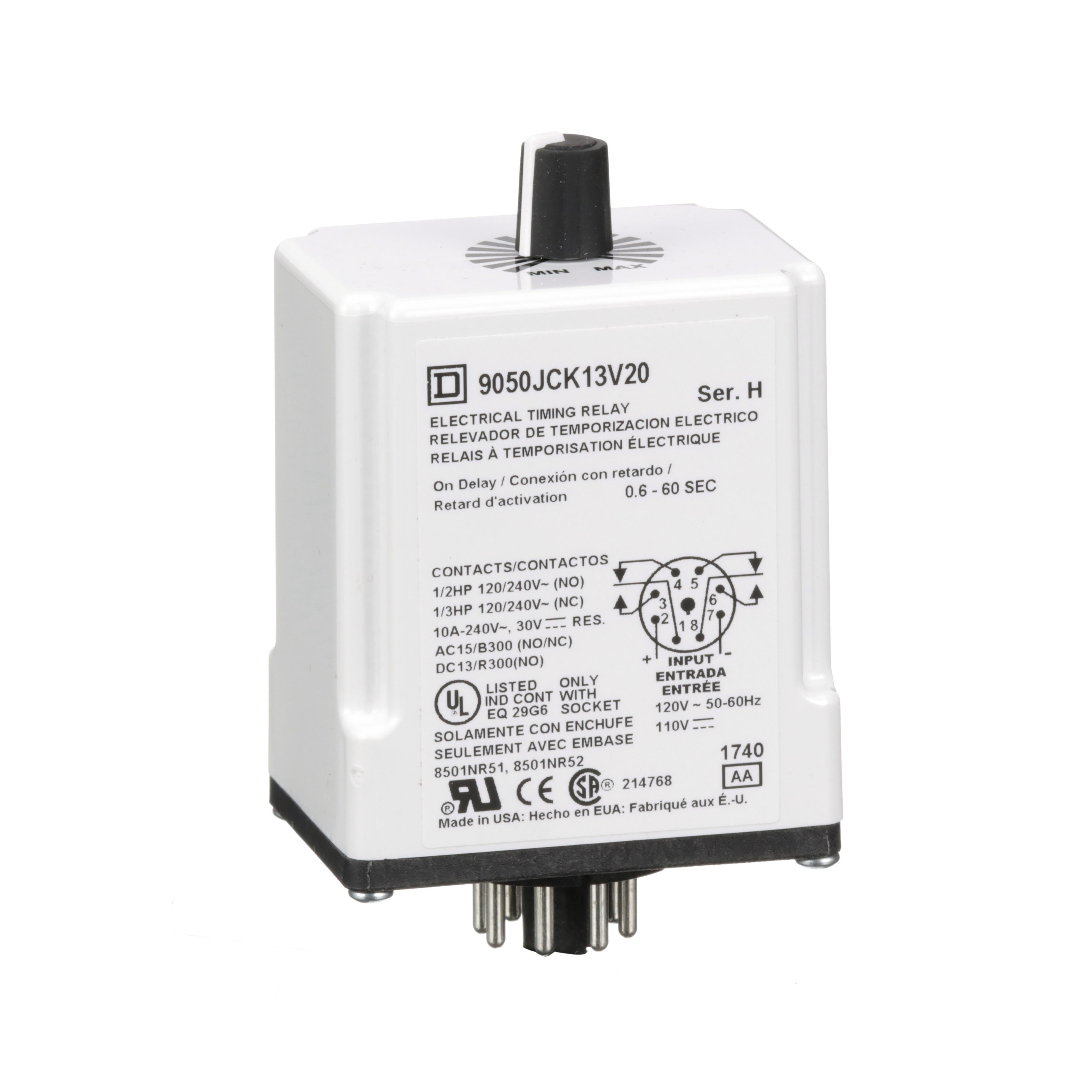 Square D™ 9050JCK13V20 Type JCK Adjustable Time Timing Relay, 0.6 to 60 s Setting, 240 V AC, 8 Pin, 2NO-2NC 2 Form C DPDT Contact