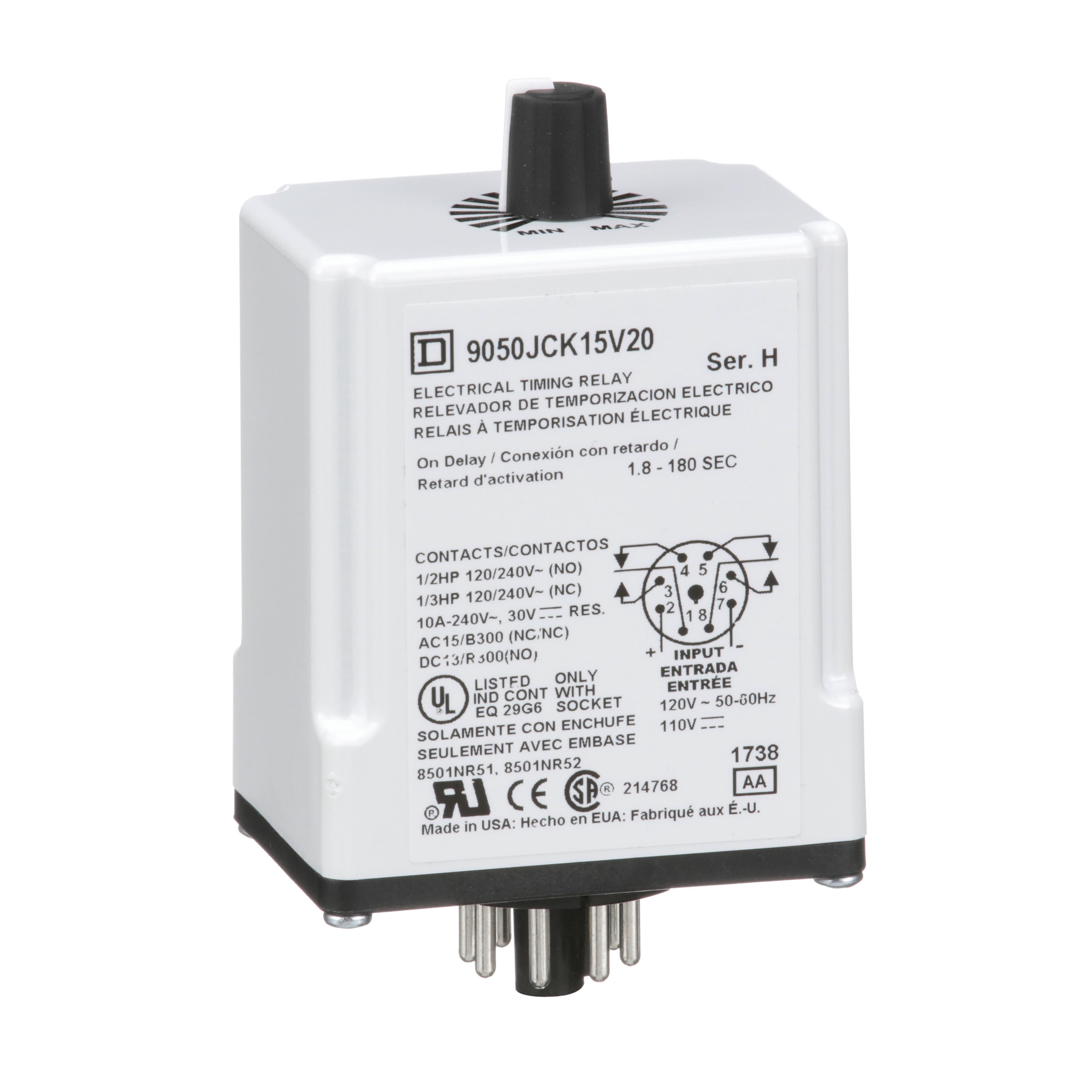 Square D™ 9050JCK15V20 Type JCK Adjustable Time Timing Relay, 1.8 to 180 s Setting, 240 V AC, 8 Pin, 2NO-2NC 2 Form C DPDT Contact