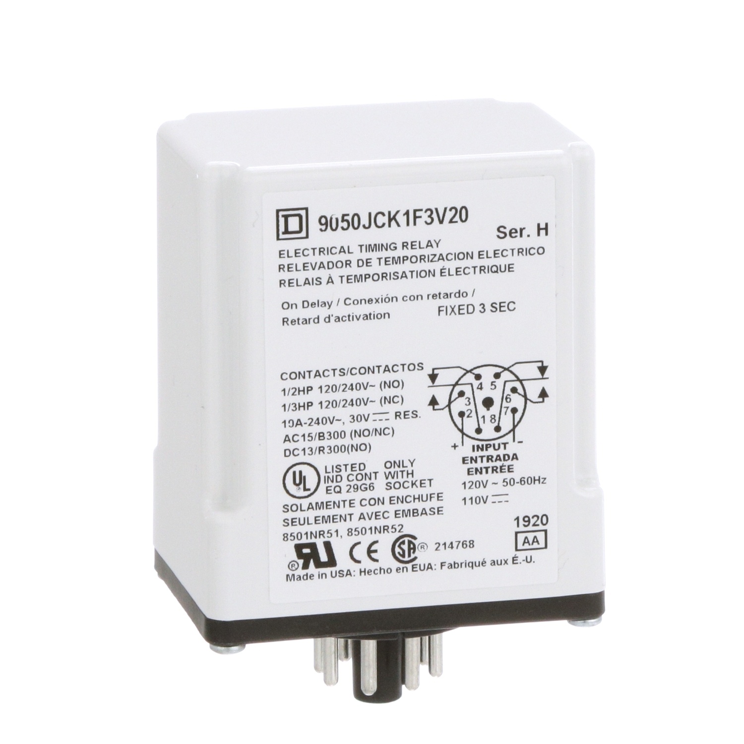 Square D™ 9050JCK1F3V20 Timing Relays - Fixed Mode Operation