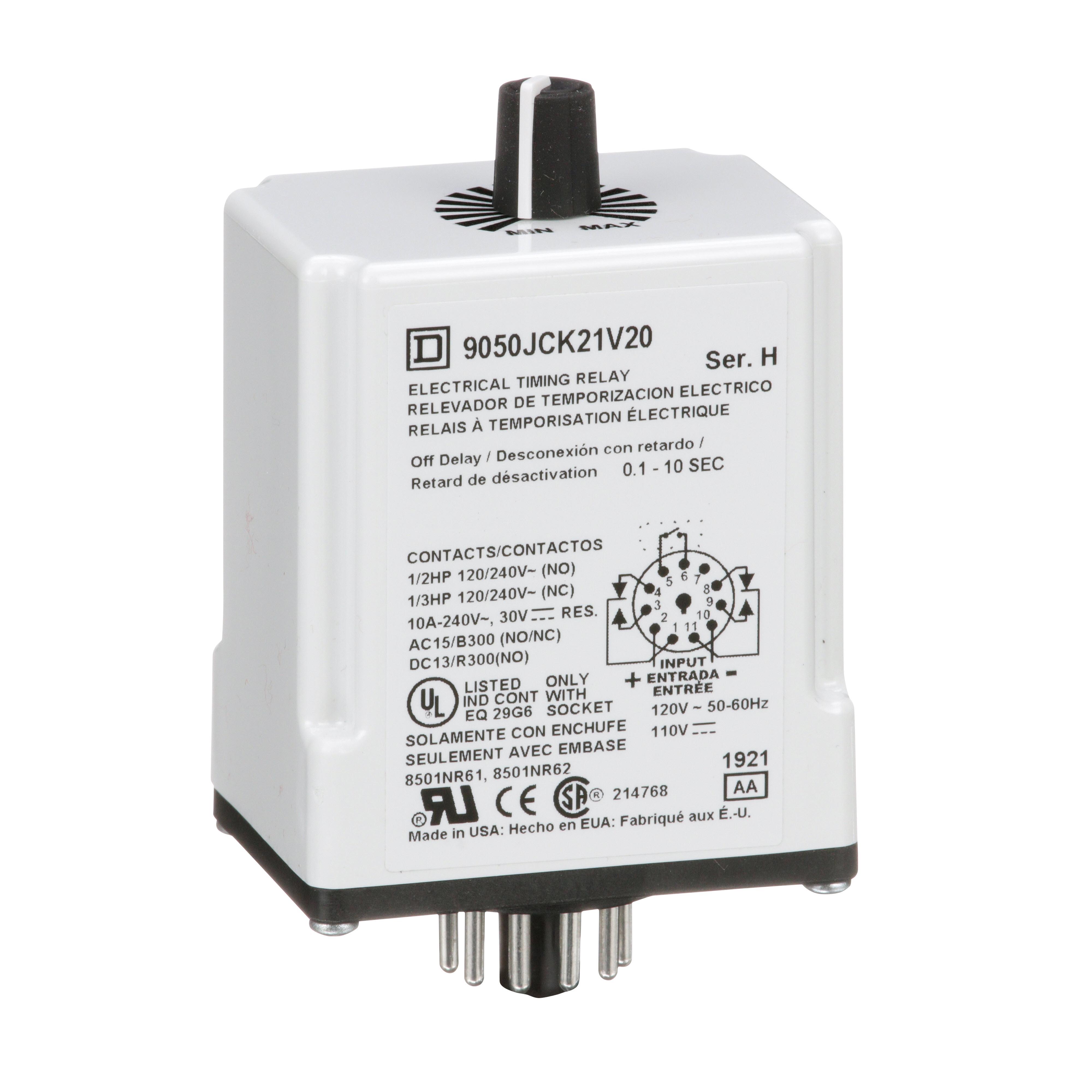 Square D™ 9050JCK21V20 Type JCK Adjustable Time Timing Relay, 0.1 to 10 s Setting, 240 V AC, 11 Pin, 2NO-2NC 2 Form C DPDT Contact