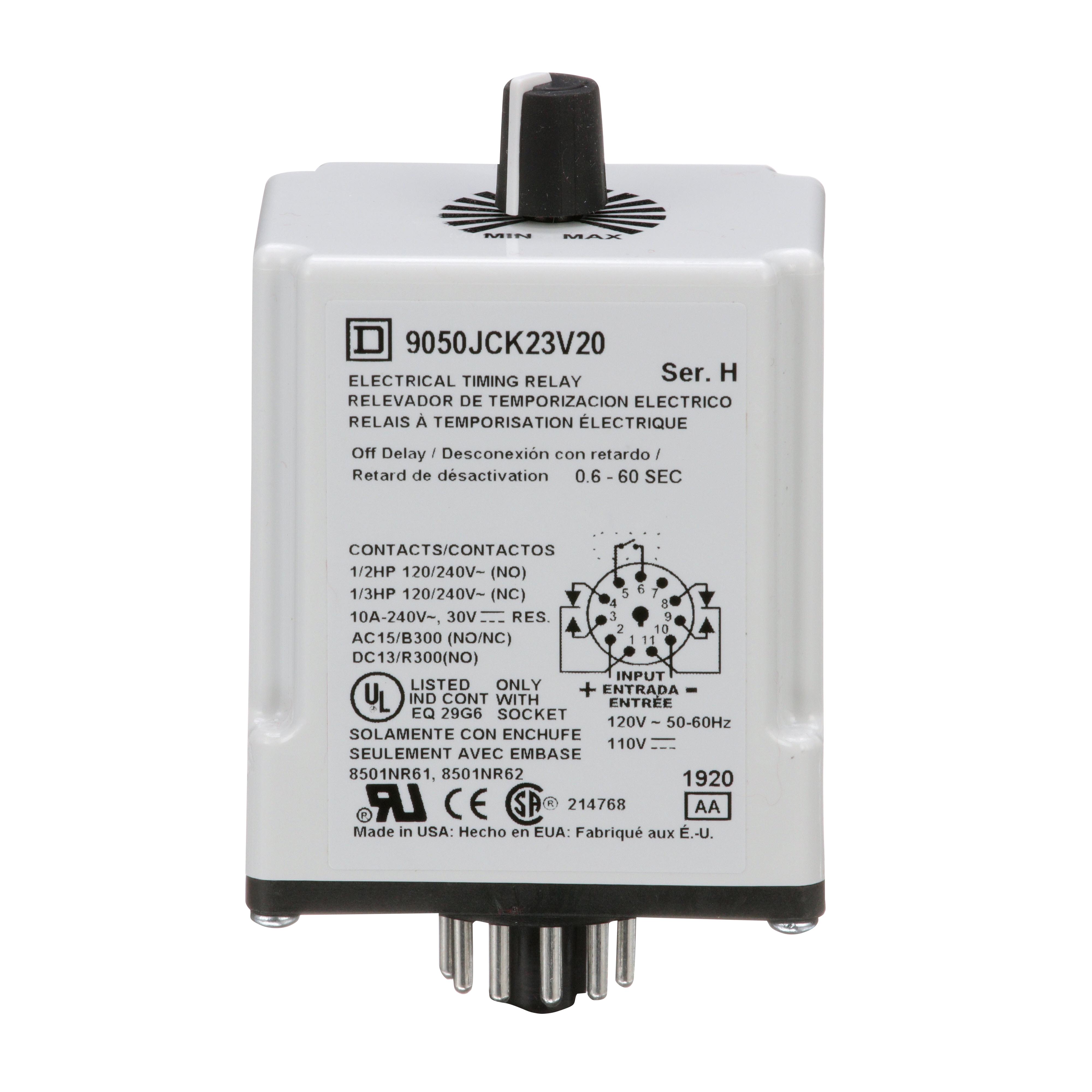 Square D™ 9050JCK23V20 Type JCK Class 9050 Electronic Adjustable Time Timing Relay, 0.6 to 60 s Setting, 240 V AC, 11 Pin, 2NO-2NC 2 Form C DPDT Contact