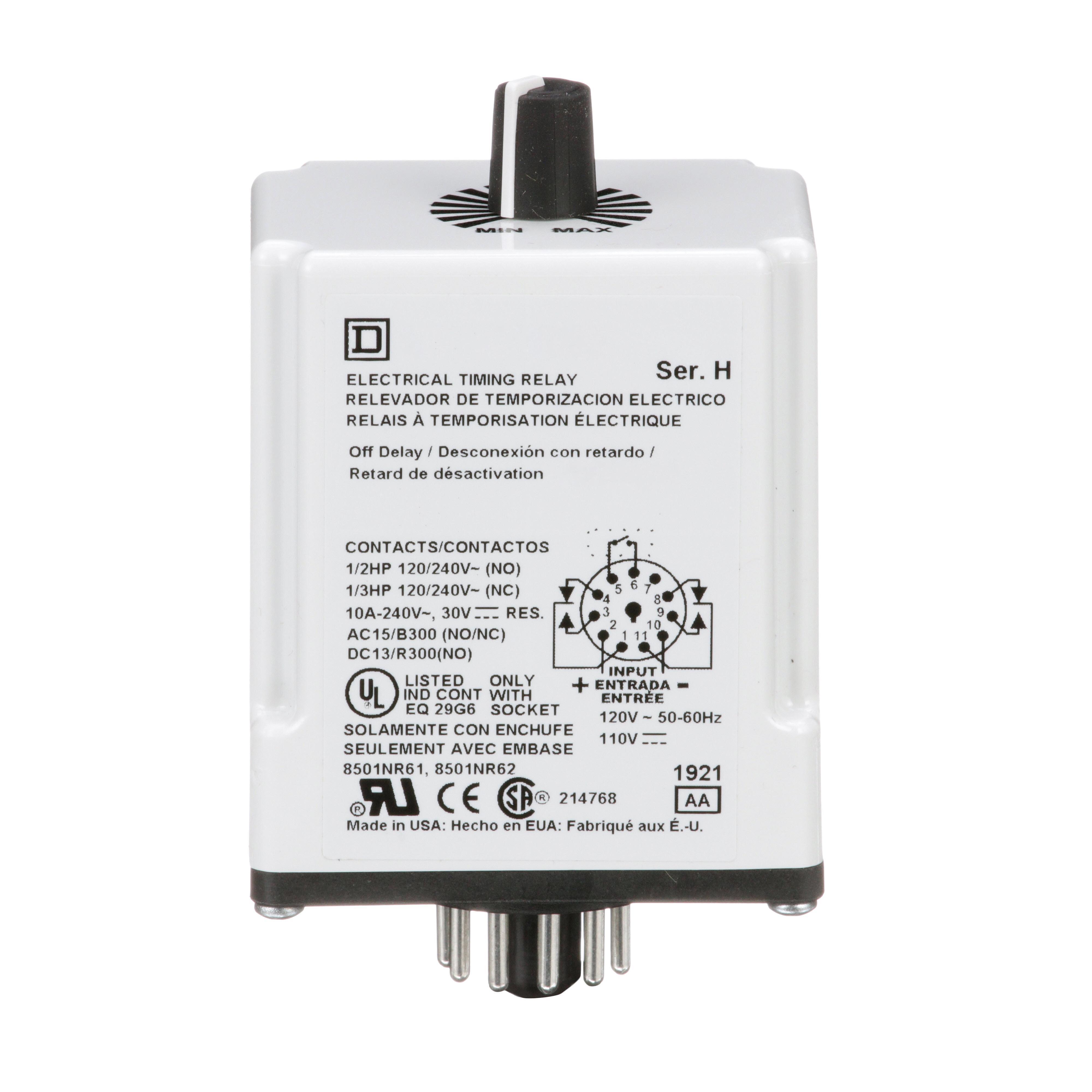 Square D™ 9050JCK22V20 Type JCK Class 9050 Electronic Adjustable Time Timing Relay, 0.3 to 30 s Setting, 240 V AC, 11 Pin, 2NO-2NC 2 Form C DPDT Contact