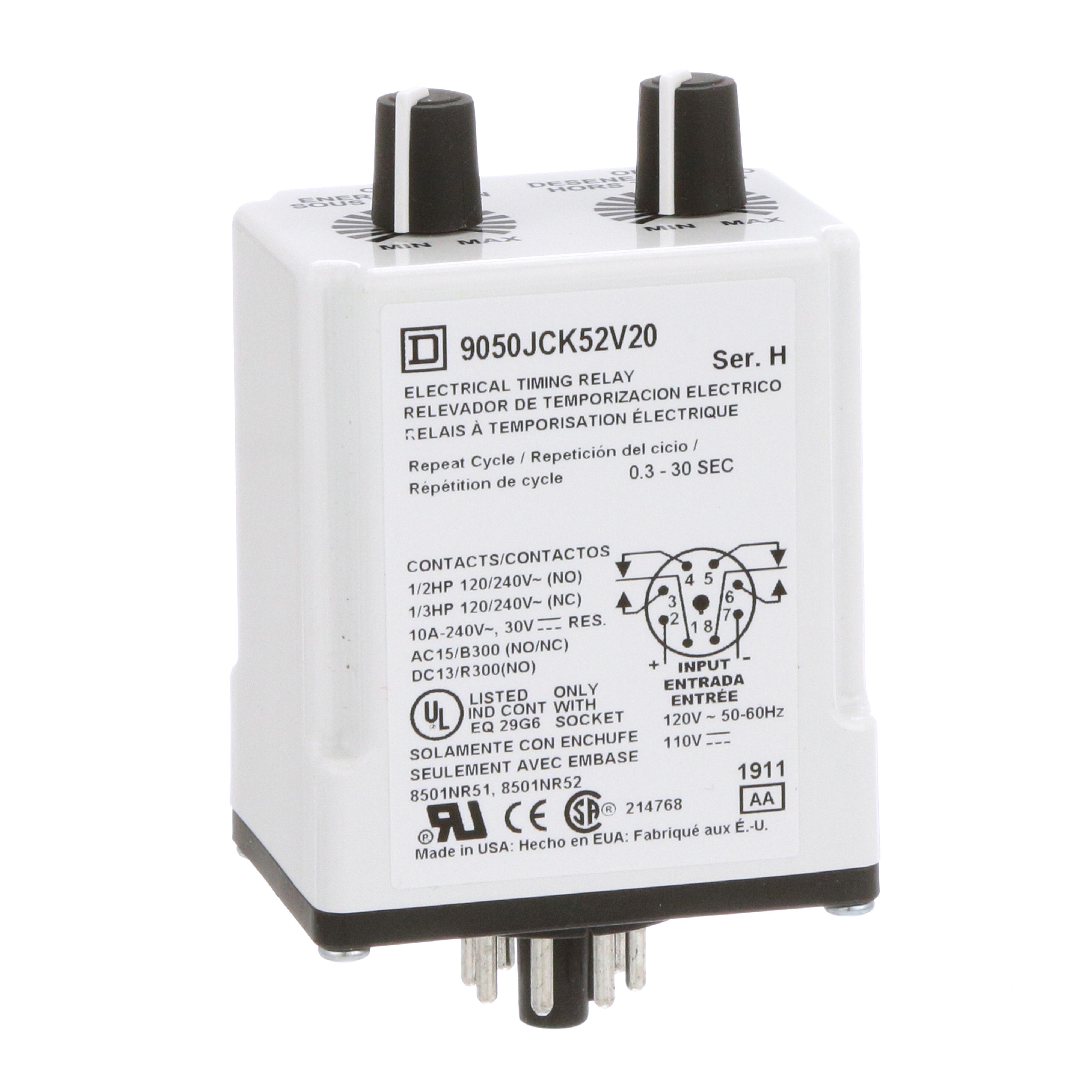 Square D™ 9050JCK52V20 Type JCK Class 9050 Electronic Timing Relay, 0.3 to 30 s Setting, 240 V AC, 8 Pin, 2NO-2NC 2 Form C DPDT Contact