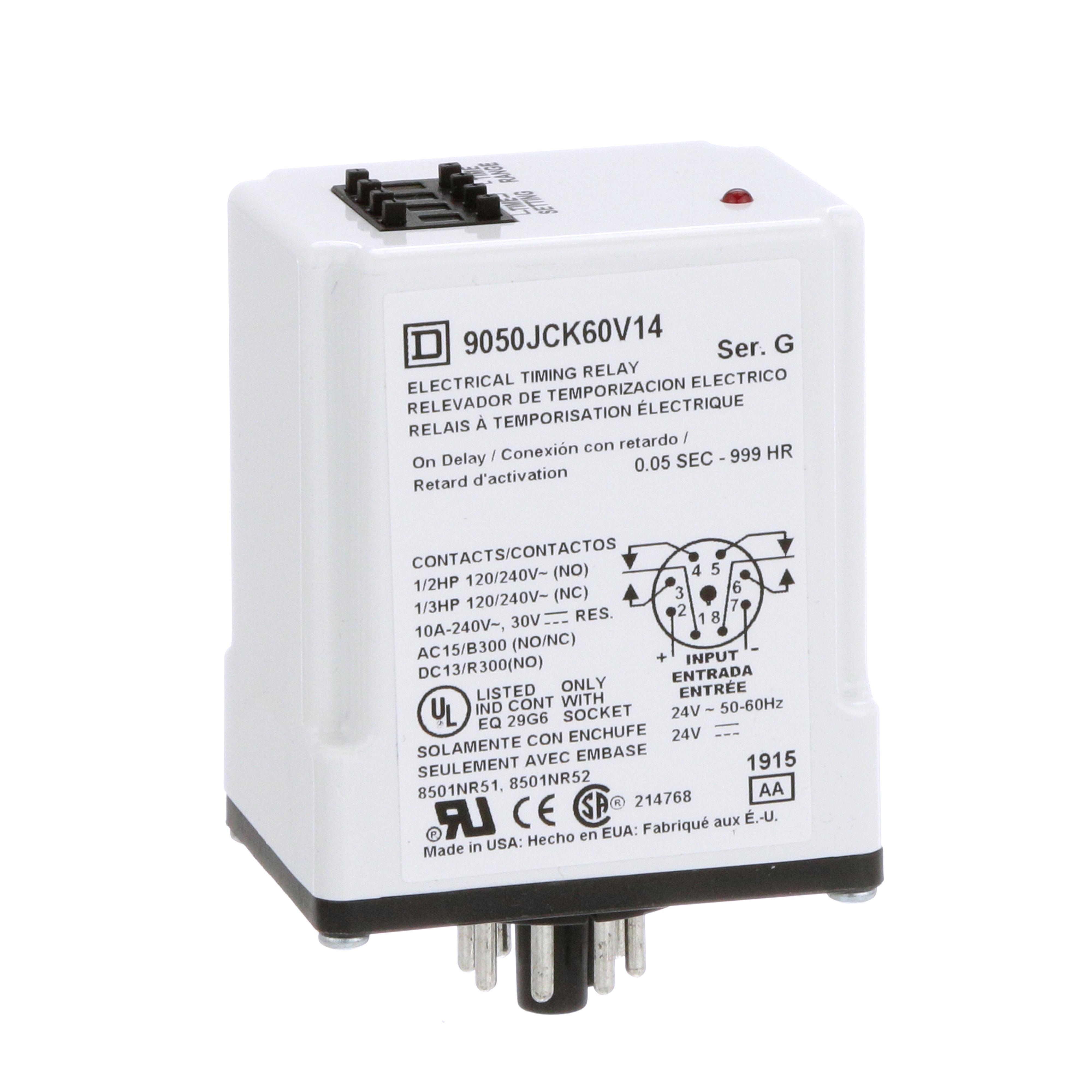 Square D™ 9050JCK60V14 Type JCK Timer Relay, 0.1 to 99.9 h Setting, 240 V AC, 8 Pin, 2NO-2NC 2 Form C DPDT Contact