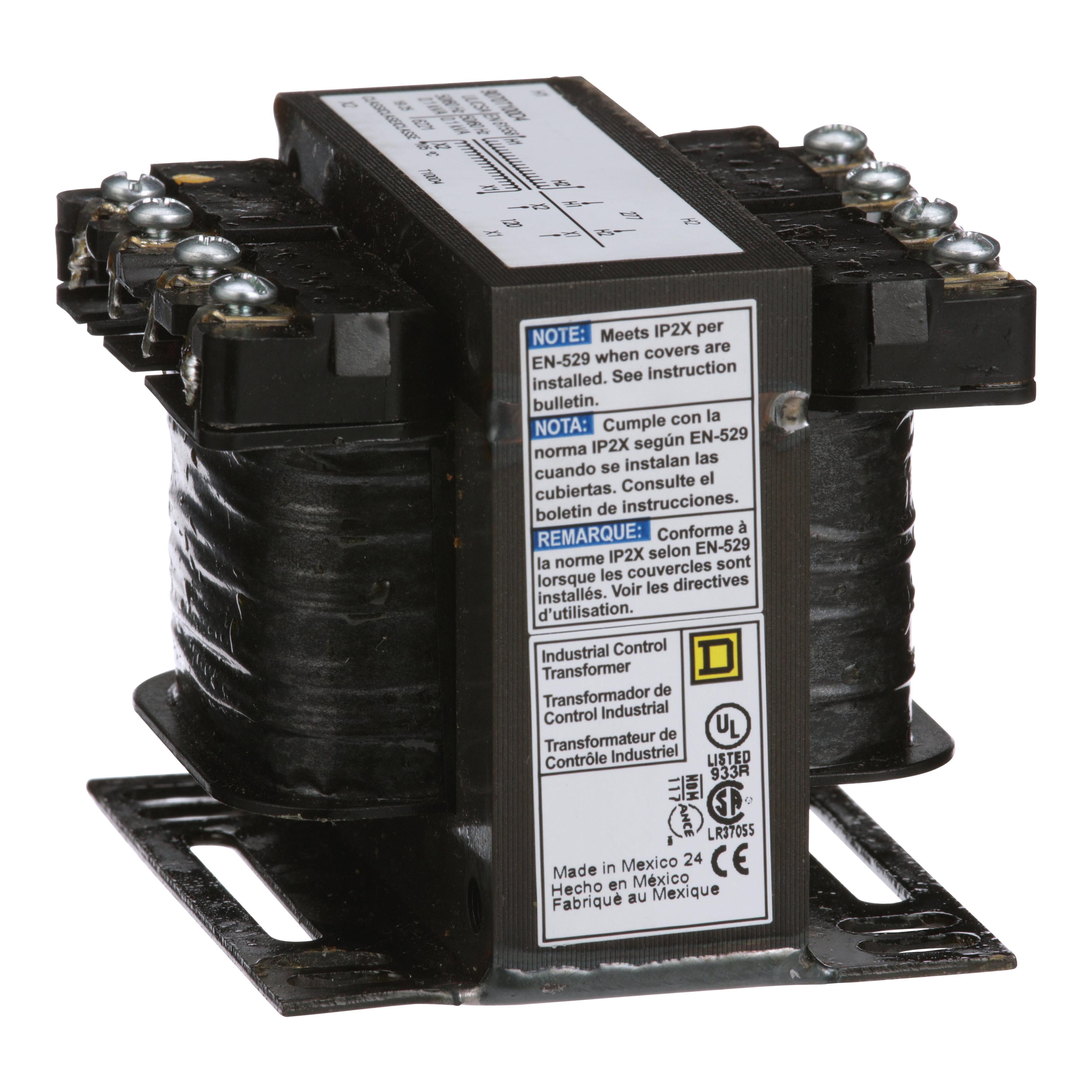 Square D™ 9070T100D4 Type T Industrial Open Style Control Transformer, 277 V AC Primary, 120 VAC Secondary, 100 VA Power Rating, 50/60 Hz, 1 Phase