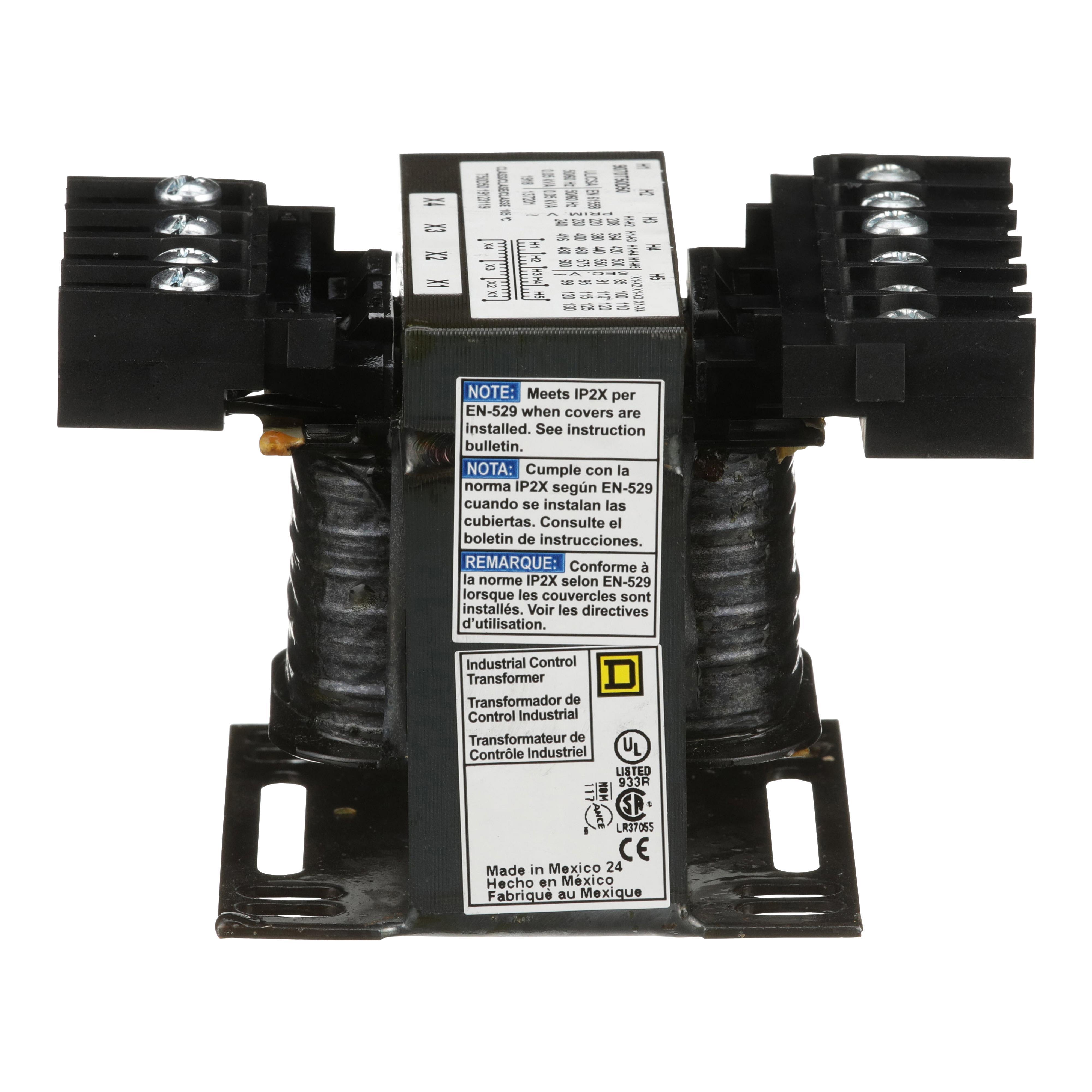 Square D™ 9070T500D50 Type T Industrial Control Transformer, 85/104/115 V AC, 90/110/120 V AC, 95/115/125 V AC, 99/120/130 V AC, 208/360/416/520 V AC, 220/380/440/550 V AC, 230/400/460/575 V AC, 240/416/480/600 V AC Primary, 500/300 VA Power Rating, 50/60 Hz