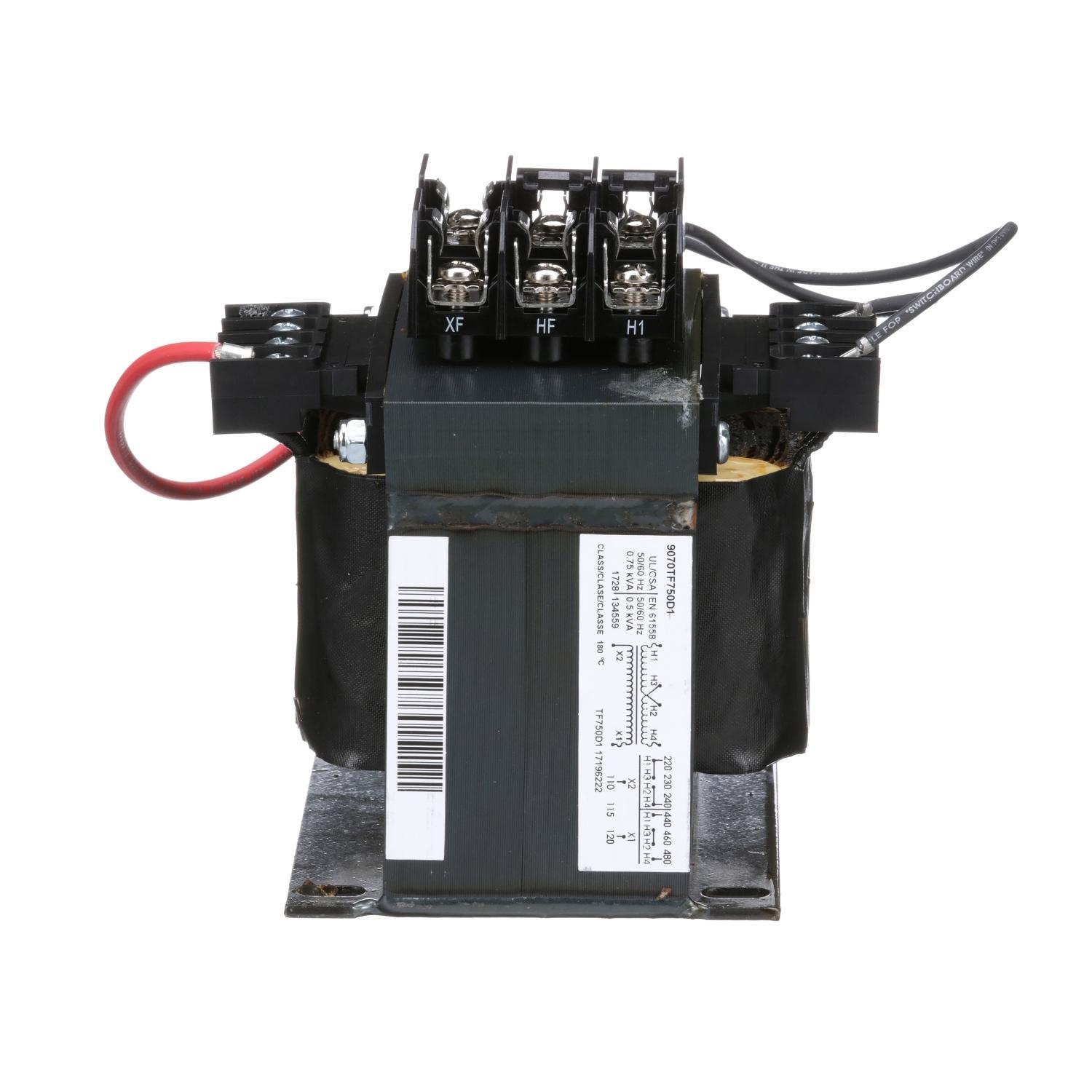 Square D™ 9070TF750D1 Type TF Industrial Open Style Control Transformer, 240/480/230/460/220/440 V AC Primary, 110/115/120 VAC Secondary, 750 VA Power Rating, 50/60 Hz, 1 Phase