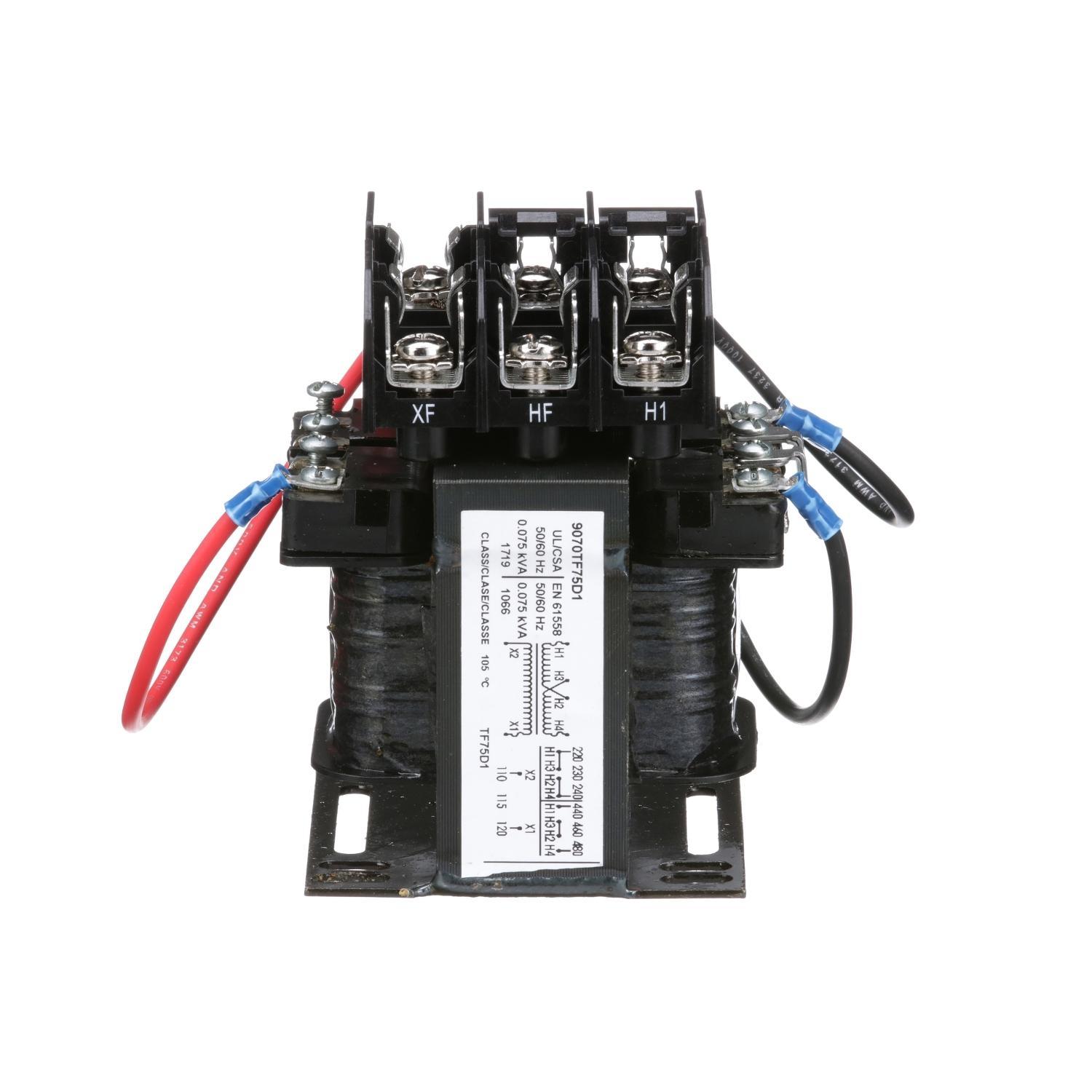 Square D™ 9070TF75D1 Type TF Industrial Open Style Control Transformer, 240/480/230/460/220/440 V AC Primary, 110/115/120 VAC Secondary, 75 VA Power Rating, 50/60 Hz, 1 Phase
