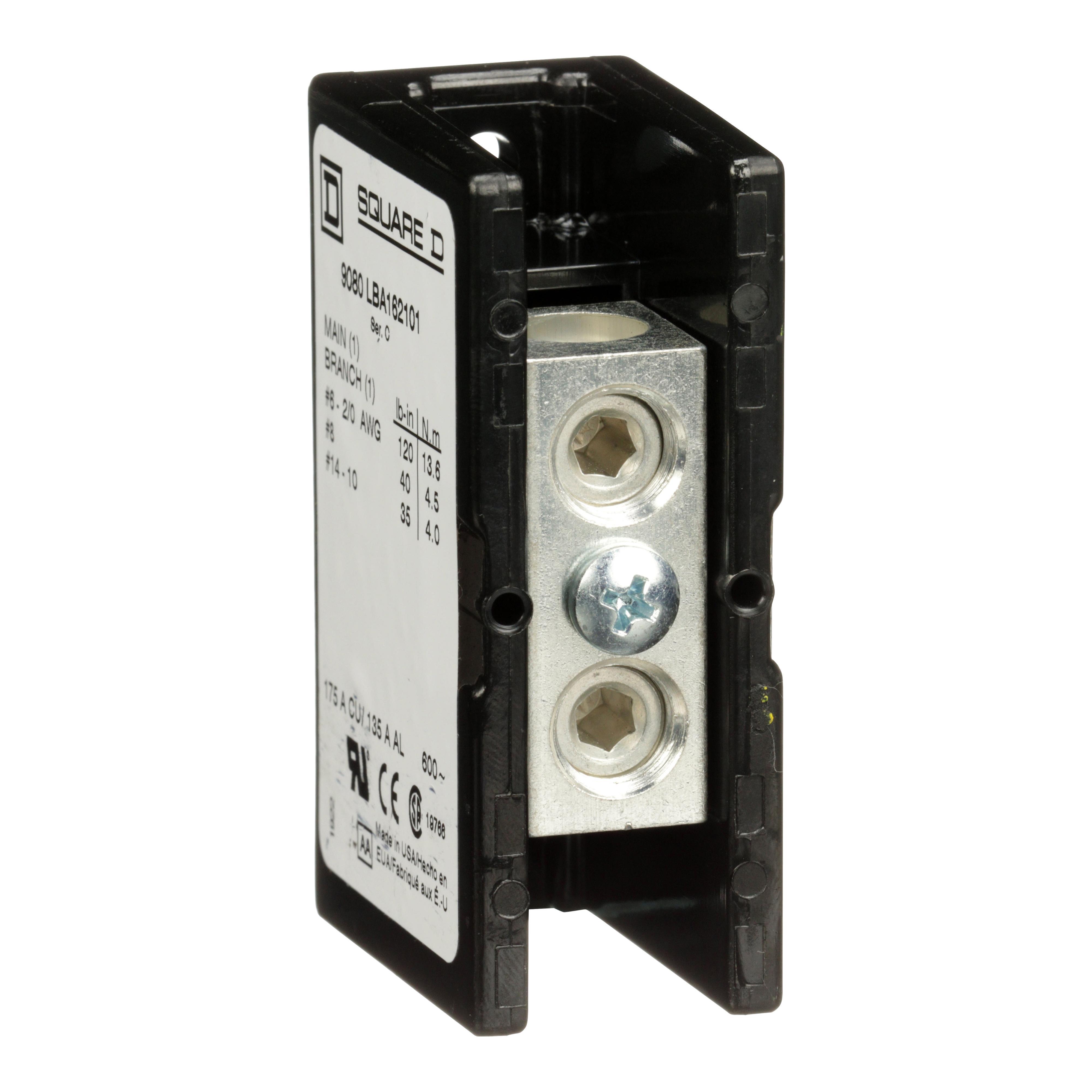 Square D™ TeSys® Linergy™ 9080LBA162101 General Purpose Standard Power Distribution Block, 600 V AC/DC, 135/175 A, 1 Poles, 14 to 2/0 AWG Wire, Phenolic