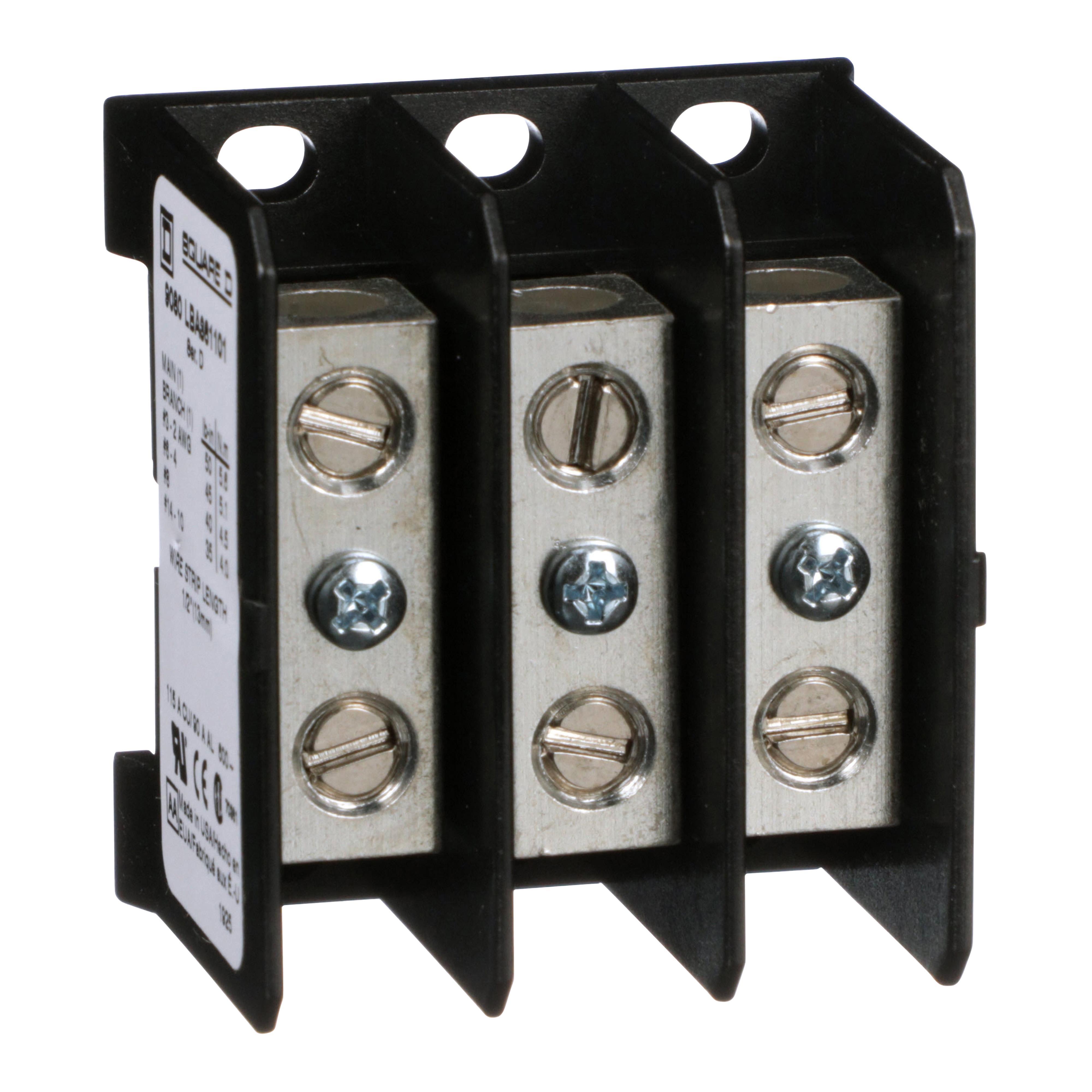 Square D™ TeSys® Linergy™ 9080LBA361101 Linergy Miniature Multi-Pole Power Distribution Block, 600 V AC/DC, 90/115 A, 3 Poles, 14 to 2 AWG Wire, Thermoplastic