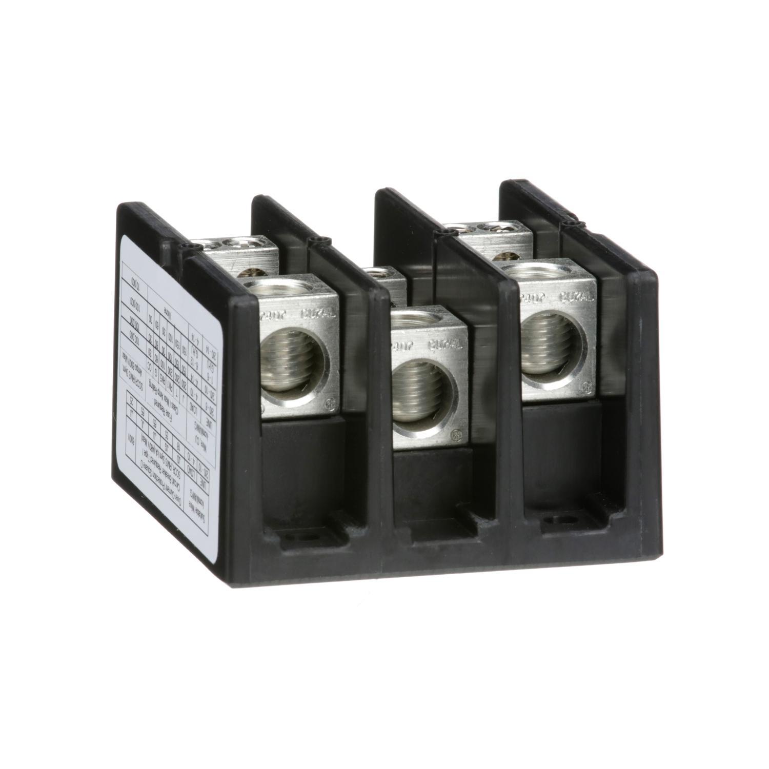 Square D™ TeSys® 9080LBA362104 Standard Multi-Pole Power Distribution Block, 600 V AC/DC, 135/175 A, 3 Poles, 14 to 2/0 AWG/14 to 4 AWG Wire, Phenolic