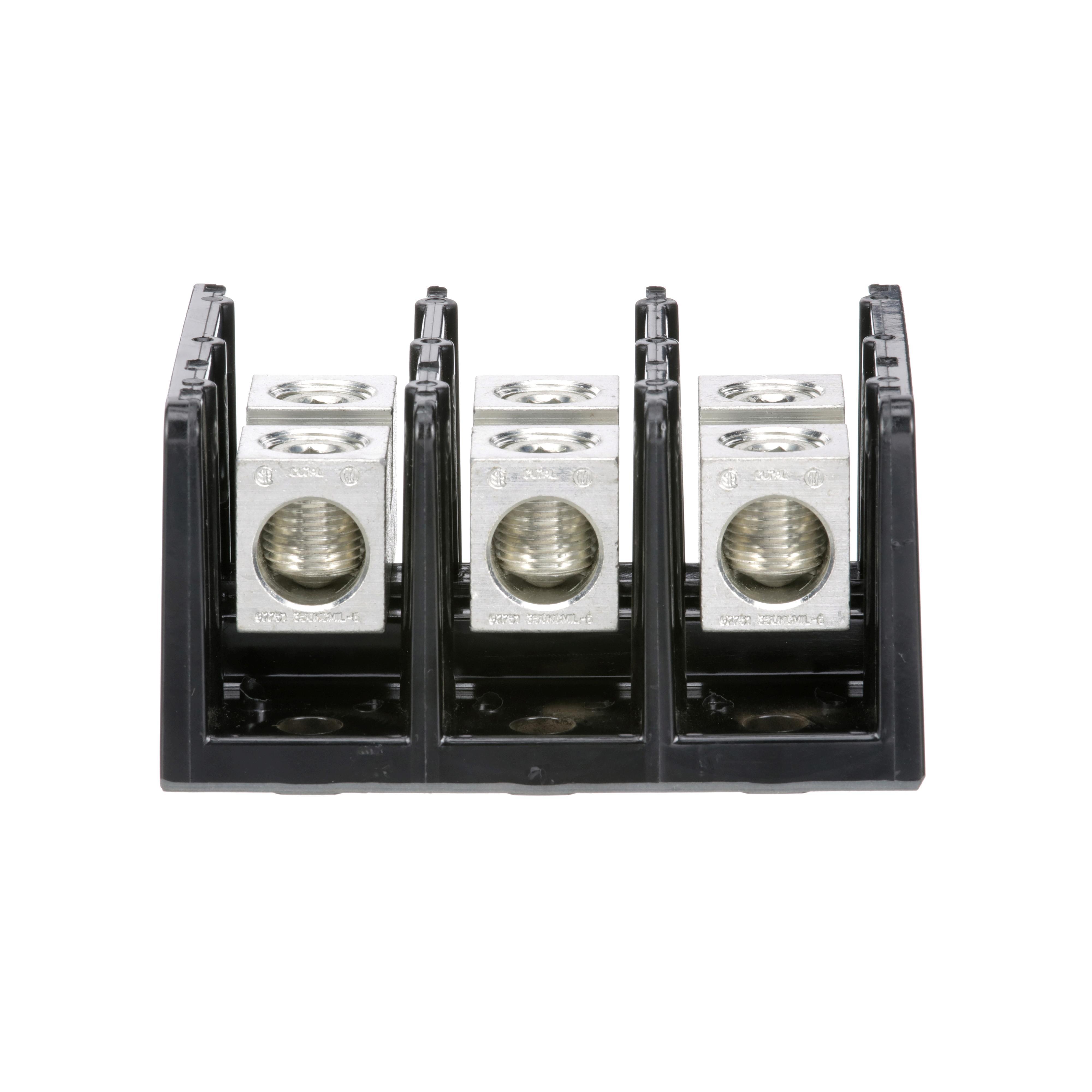 Square D™ TeSys® 9080LBA363101 Standard Multi-Pole Power Distribution Block, 600 V AC/DC, 250/310 A, 3 Poles, 6 AWG to 350 kcmil Wire, Phenolic