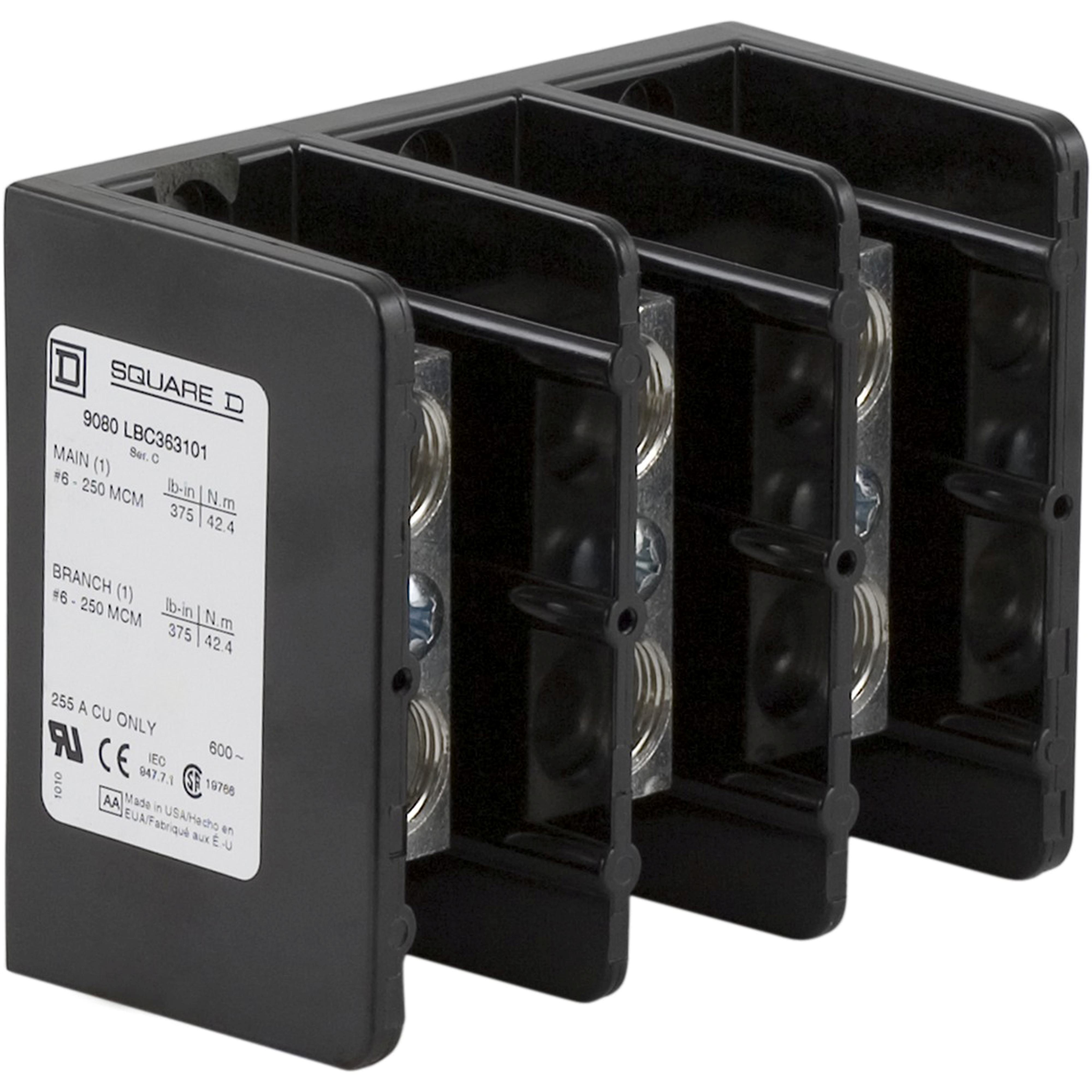 Square D™ Linergy™ 9080LBC363101 Linergy Multi-Pole Power Distribution Block, 600 V AC/DC, 255 A, 3 Poles, 6 AWG to 250 kcmil Al/Cu Wire, Phenolic