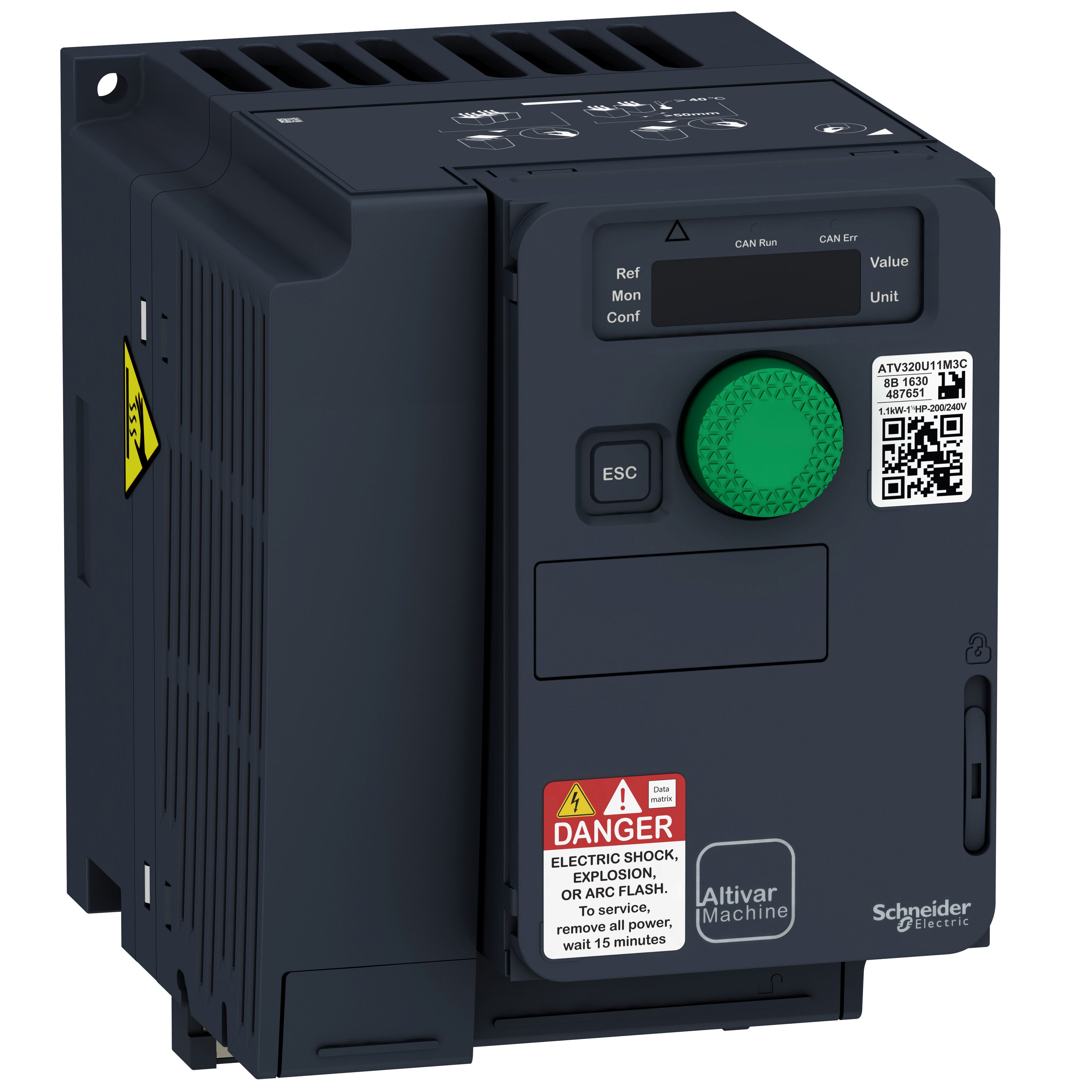 Square D™ ATV320U15M3C Altivar™ 320 3-Phase Compact AC Variable Speed Drive, 200/240 V AC, 9.3/11.1 A, 2 hp, 4.13 in W x 6.22 in D