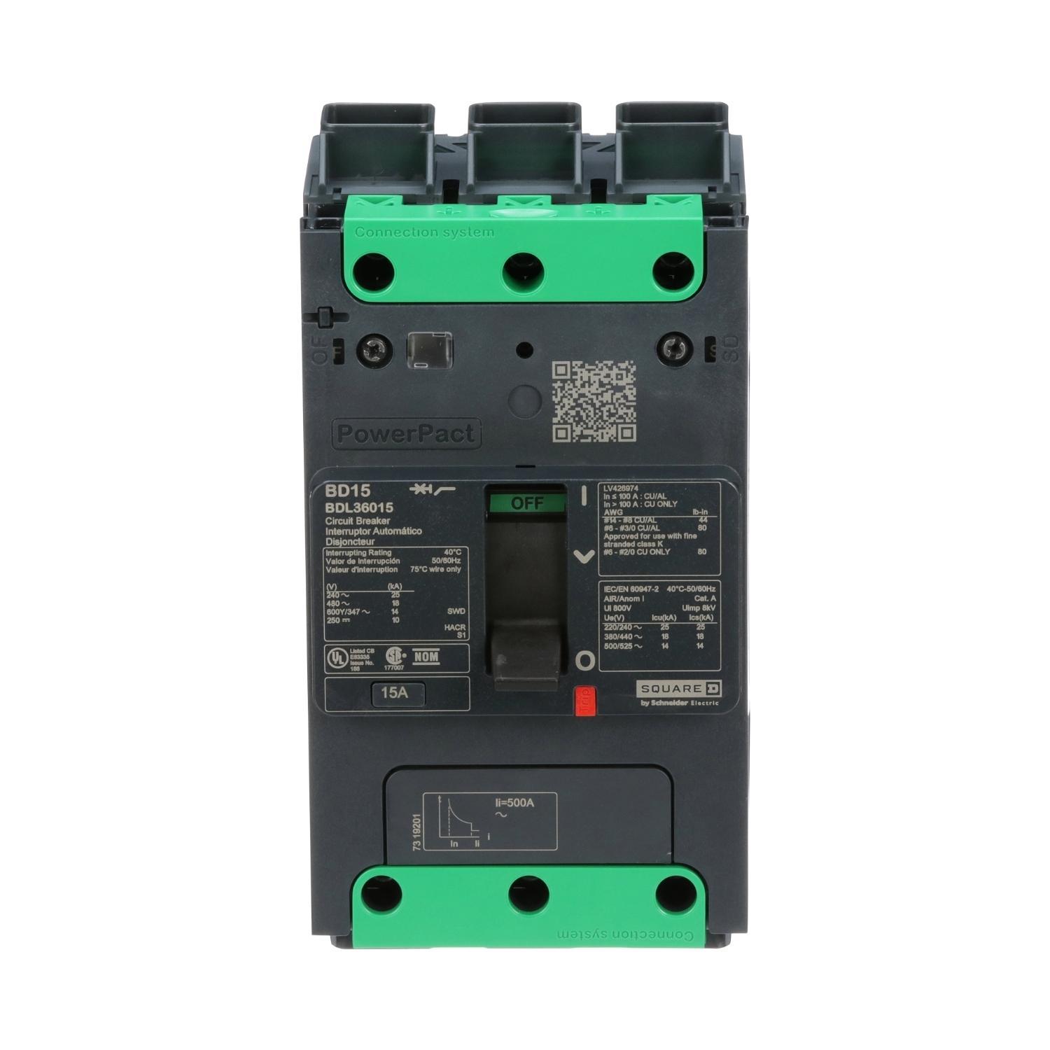 Square D™ PowerPact™ BDL36015 BD 015 80% Rated Molded Case Circuit Breaker, 600Y/347 VAC, 250 VDC, 15 A, 10/14 kA Interrupt, 3 Poles, Thermal Magnetic Trip