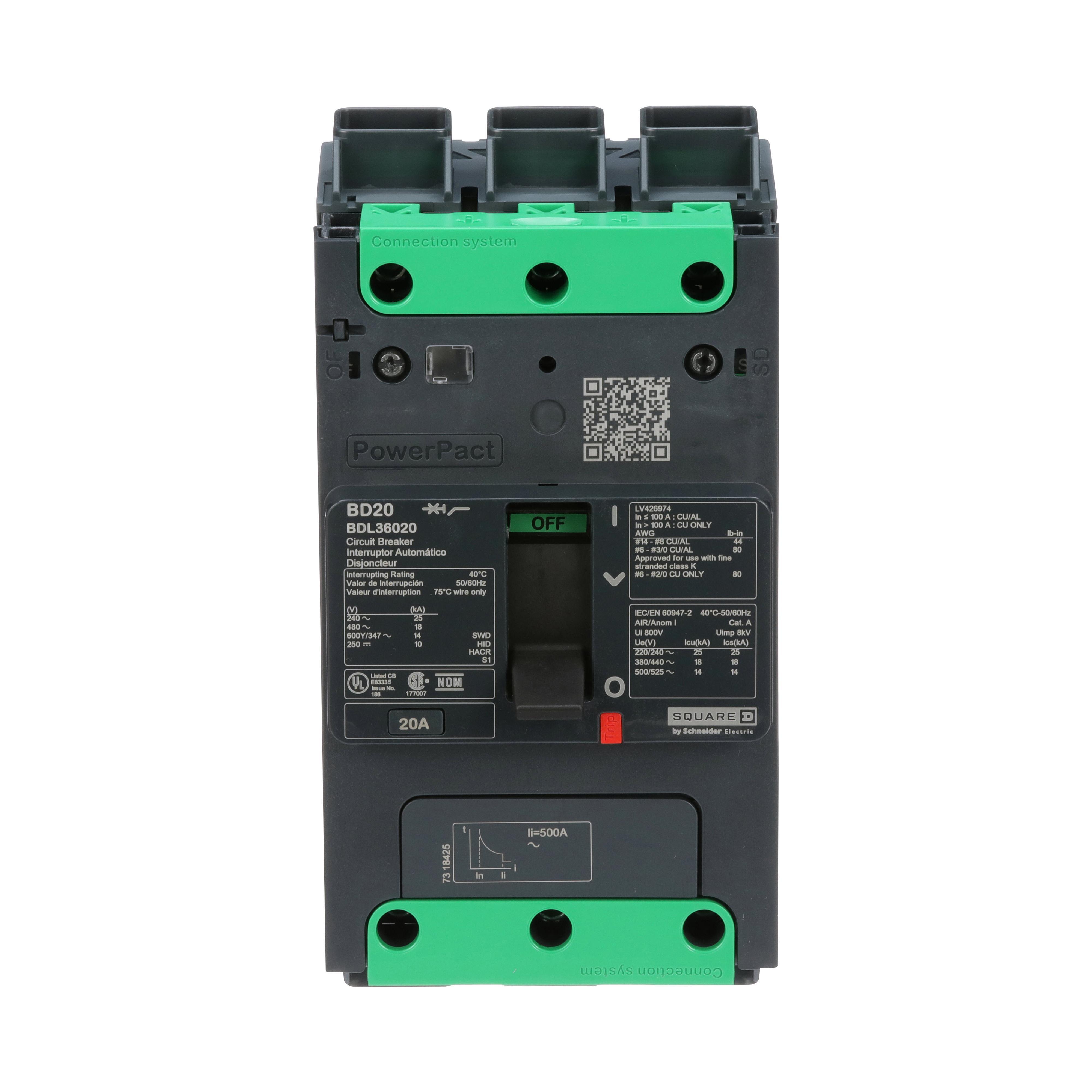 Square D™ PowerPact™ BDL36020 BD 020 80% Rated Molded Case Circuit Breaker, 600Y/347 VAC, 250 VDC, 20 A, 10/14 kA Interrupt, 3 Poles, Thermal Magnetic Trip