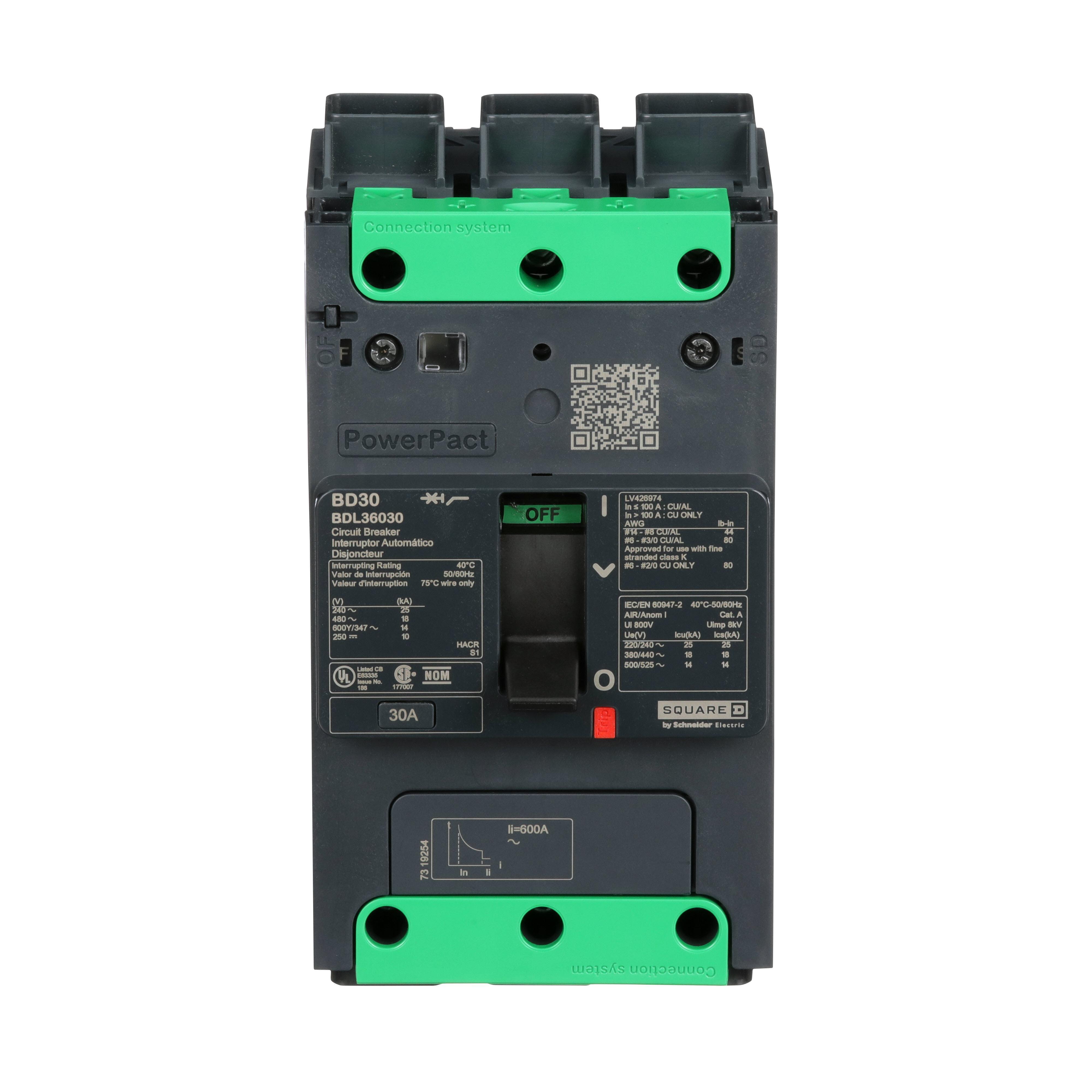 Square D™ PowerPact™ BDL36030 Type BDL Molded Case Circuit Breaker, 600Y/347 VAC, 250 VDC, 30 A, 10/14/18/25 kA Interrupt, 3 Poles, Thermal Magnetic Trip