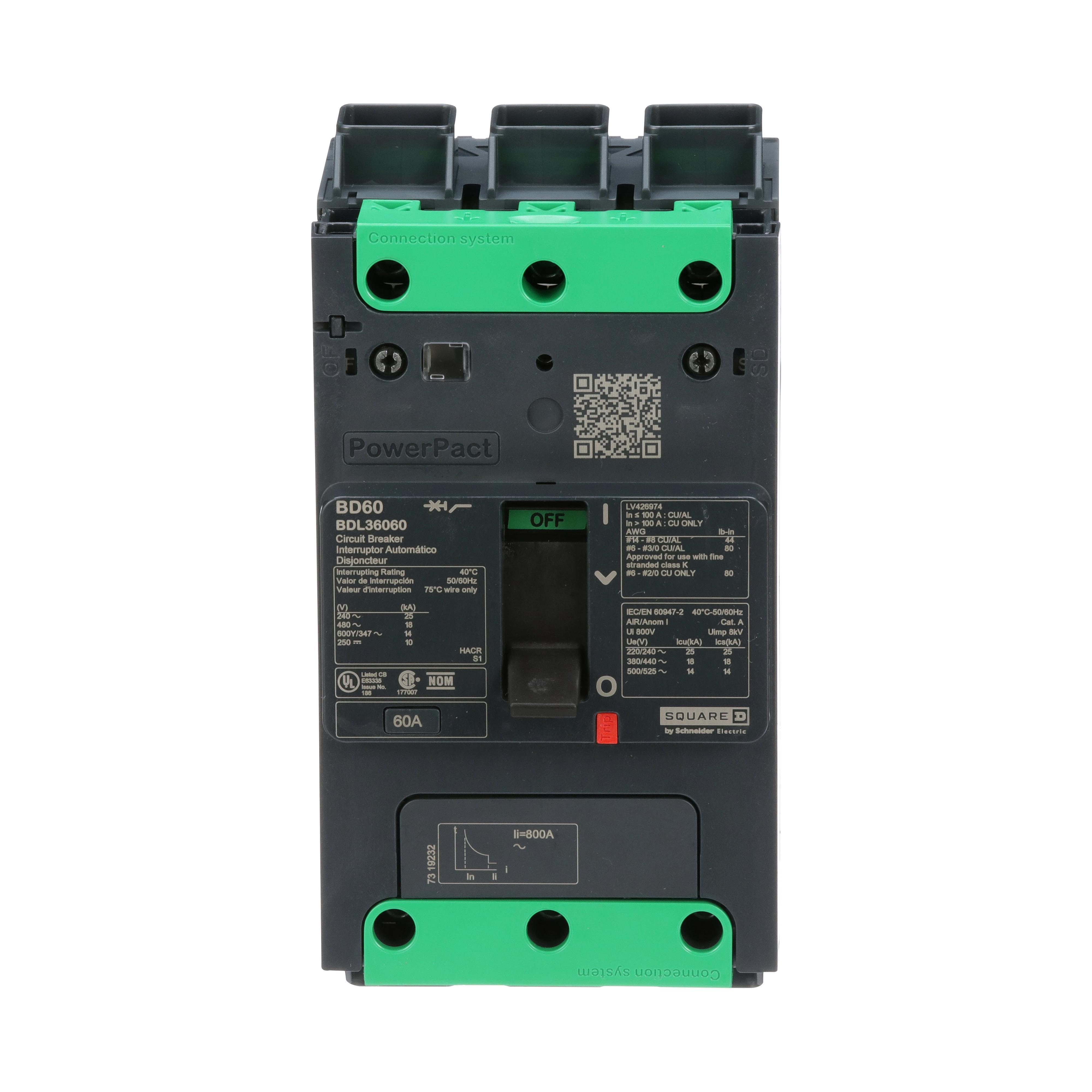 Square D™ PowerPact™ BDL36060 BD 060 80% Rated Molded Case Circuit Breaker, 600Y/347 VAC, 250 VDC, 60 A, 10/14 kA Interrupt, 3 Poles, Thermal Magnetic Trip