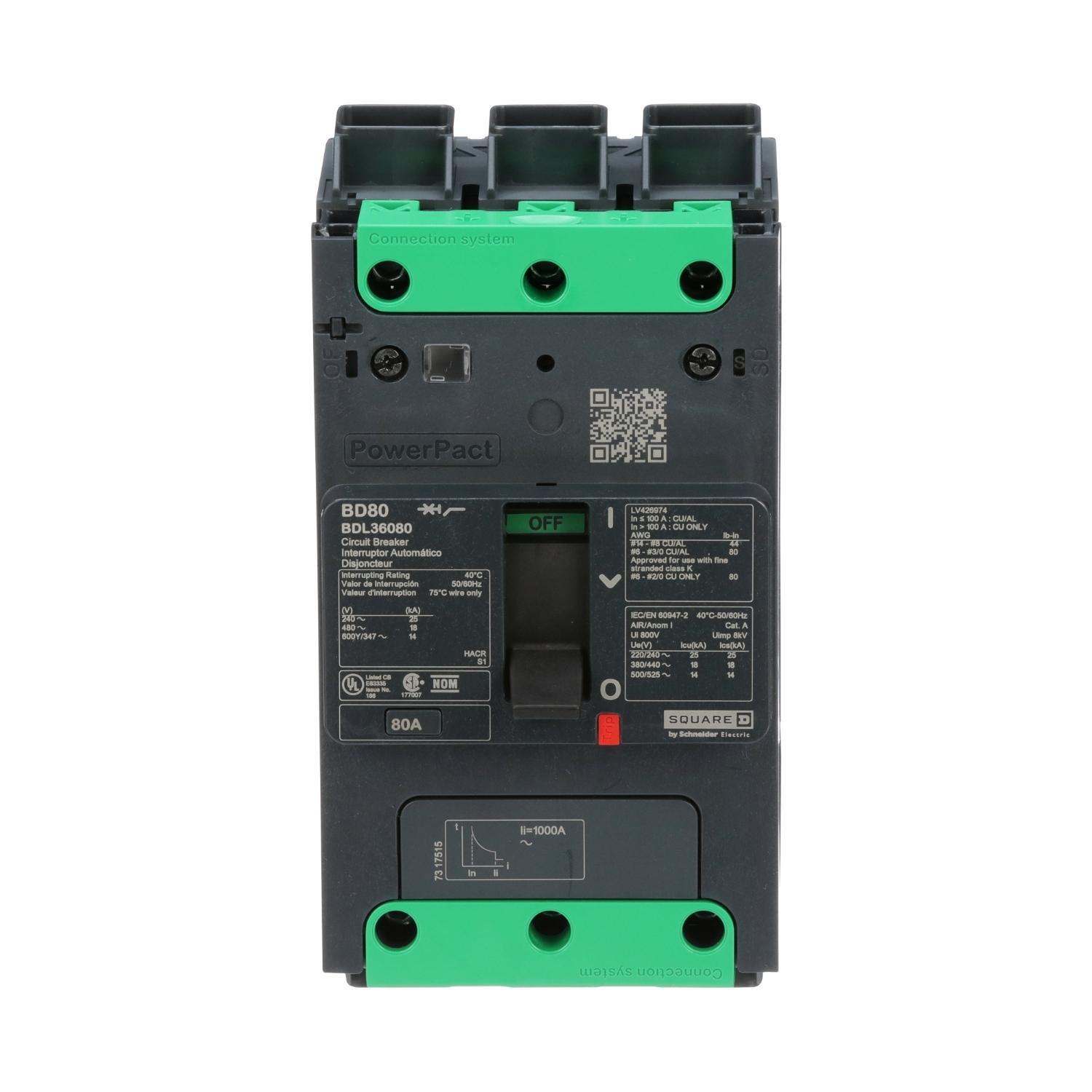Square D™ PowerPact® BDL36080 Type BDL Molded Case Circuit Breaker, 600Y/347 VAC, 250 VDC, 80 A, 10/14/18/25 kA Interrupt, 3 Poles, Thermal Magnetic Trip