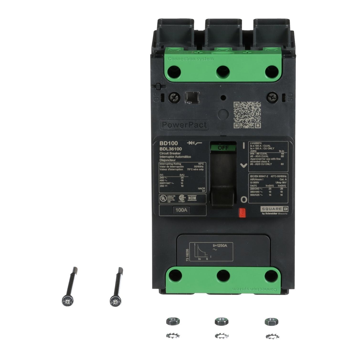 Square D™ PowerPact™ BDL36100 Type BDL Molded Case Circuit Breaker, 600Y/347 VAC, 250 VDC, 100 A, 10/14/18/25 kA Interrupt, 3 Poles, Thermal Magnetic Trip