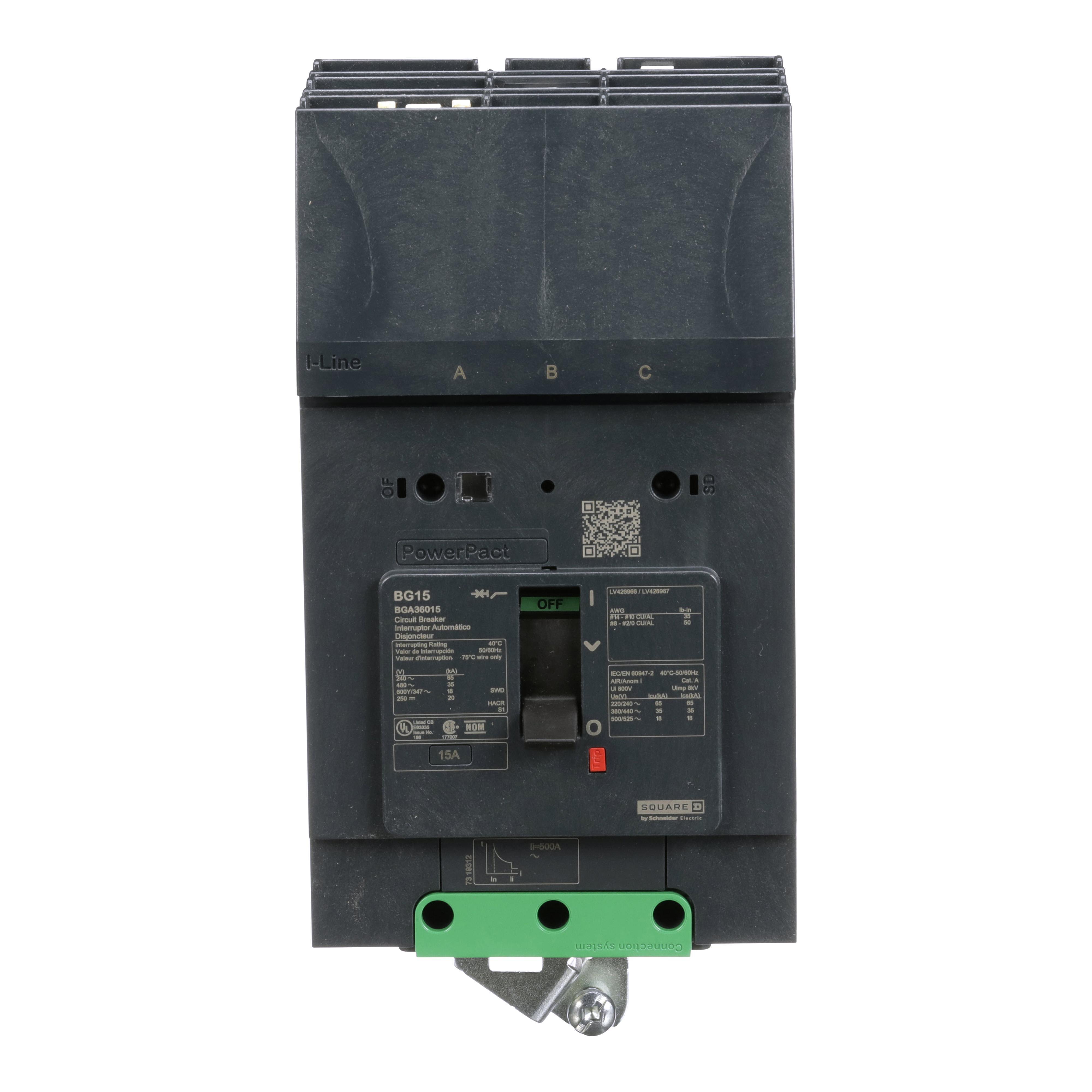 Square D™ PowerPact® I-Line® BGA36015 Type BGA Molded Case Circuit Breaker, 600Y/347 V AC, 15 A, 18 kA Interrupt, 3 Poles, Thermal Magnetic Trip