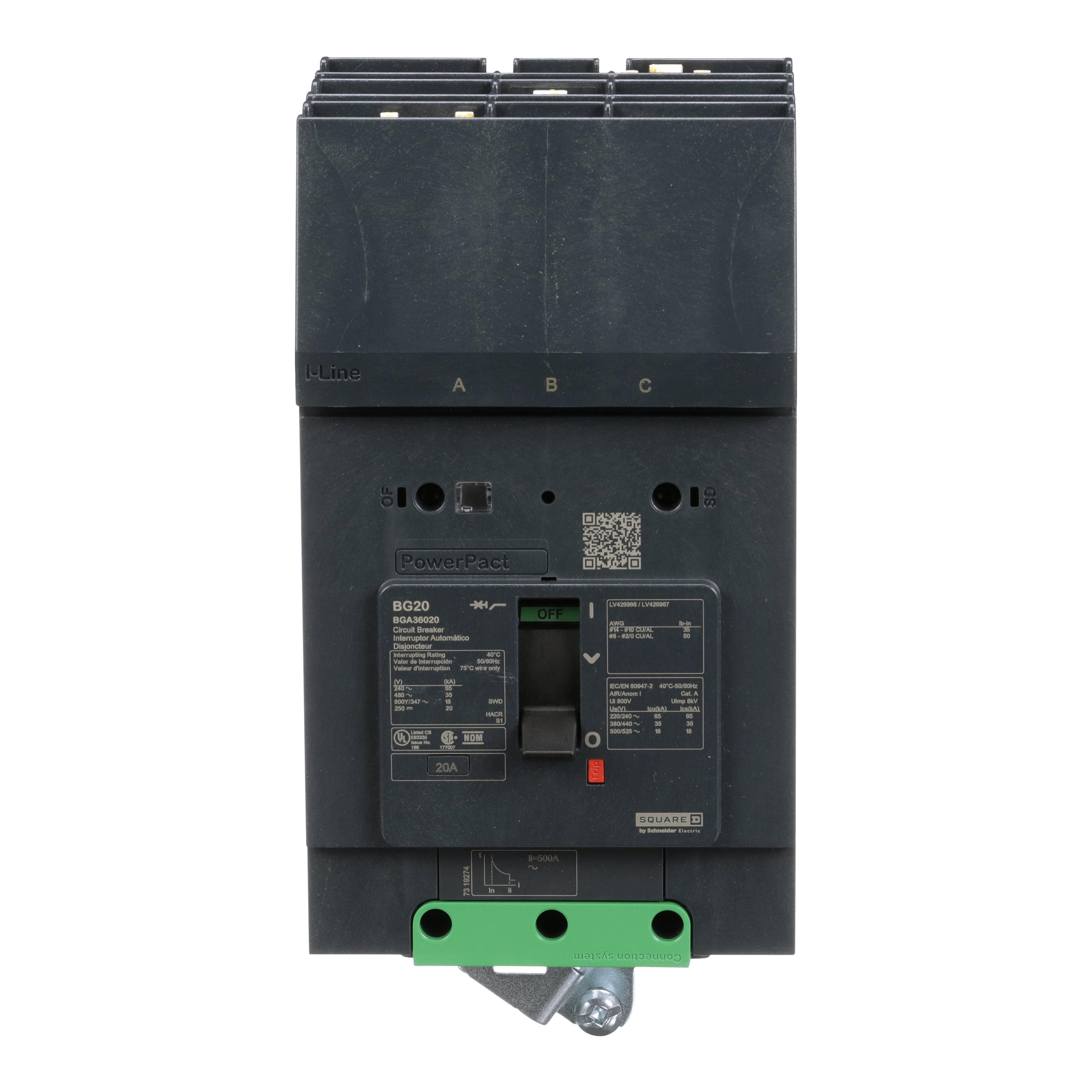 Square D™ PowerPact® I-Line® BGA36020 Molded Case Circuit Breaker, 600Y/347 V AC, 20 A, 65 kA at 240 V AC, 35 kA at 480 V AC, 18 kA at 600Y/347 V AC Interrupt, 3 Poles, Thermal Magnetic Trip