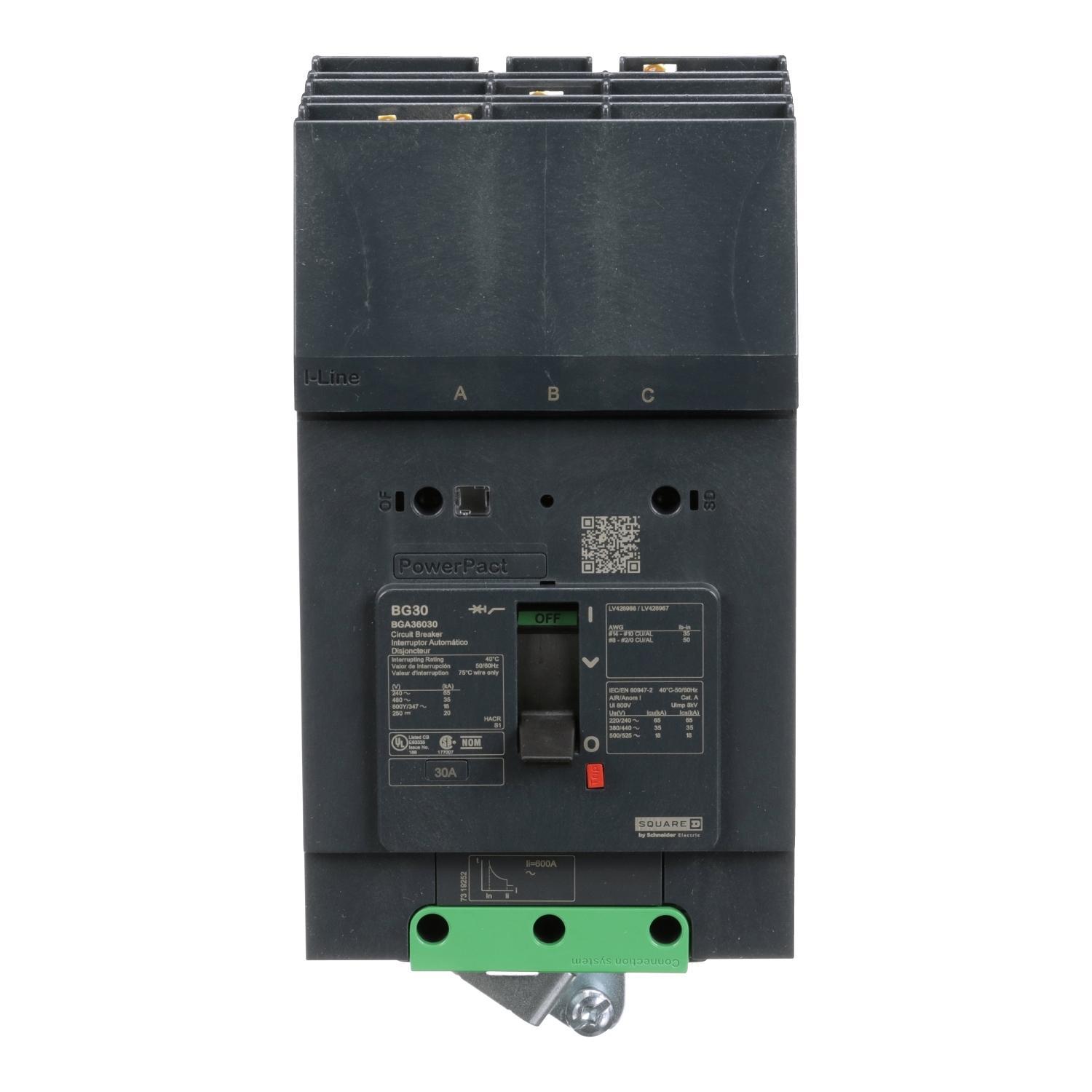 Square D™ PowerPact® I-Line® BGA36030 Molded Case Circuit Breaker, 600Y/347 V AC, 30 A, 65 kA at 240 V AC, 35 kA at 480 V AC, 18 kA at 600Y/347 V AC Interrupt, 3 Poles, Thermal Magnetic Trip