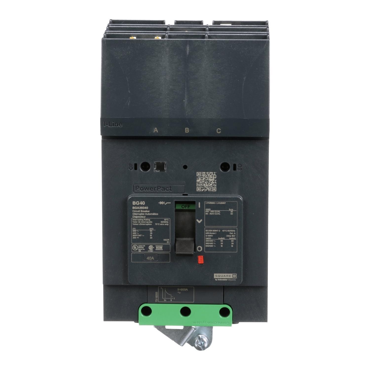 Square D™ PowerPact® I-Line® BGA36040 Type BGA Molded Case Circuit Breaker, 600Y/347 V AC, 40 A, 18 kA Interrupt, 3 Poles, Thermal Magnetic Trip