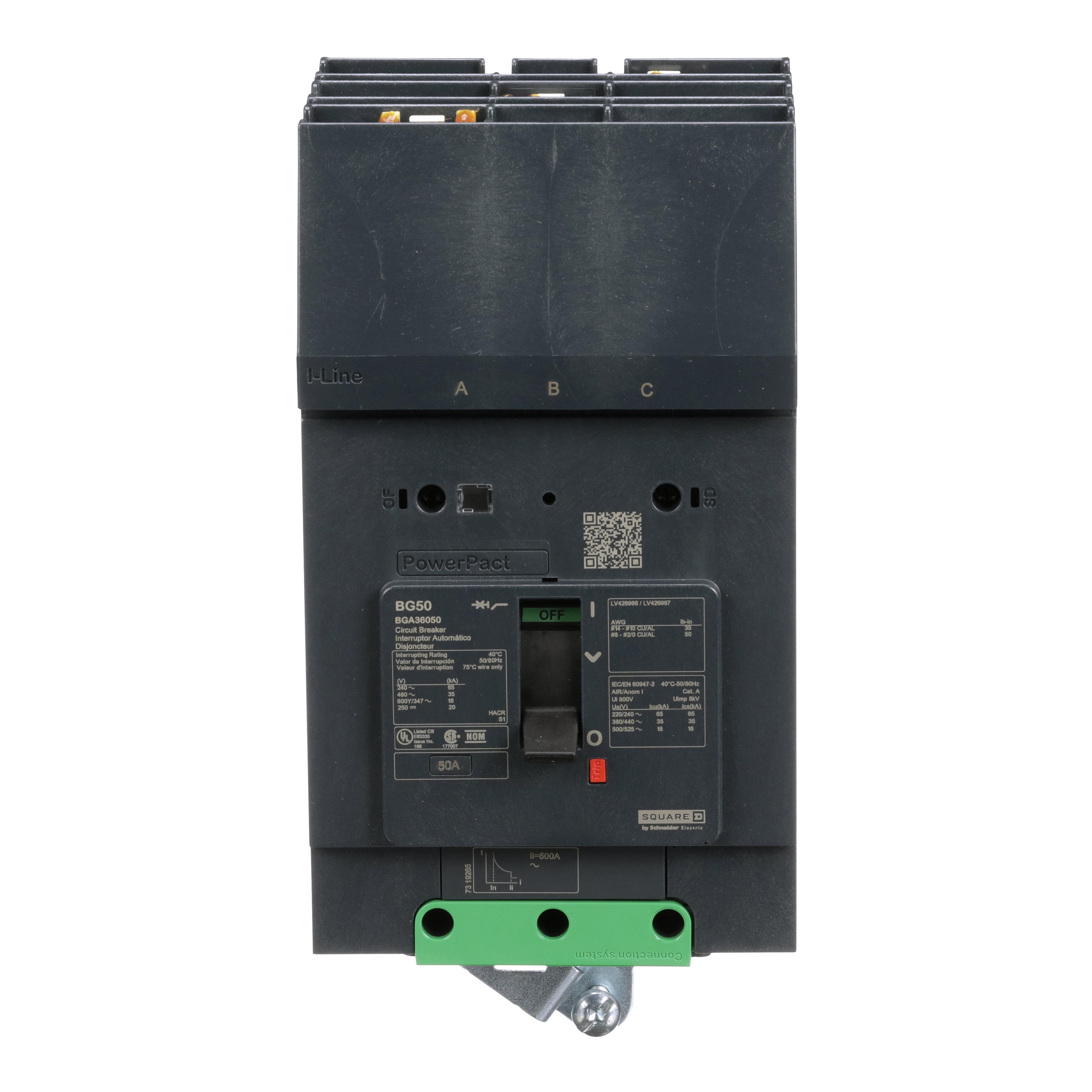 Square D™ PowerPact® I-Line® BGA36050 Molded Case Circuit Breaker, 600Y/347 V AC, 50 A, 65 kA at 240 V AC, 35 kA at 480 V AC, 18 kA at 600Y/347 V AC Interrupt, 3 Poles, Thermal Magnetic Trip