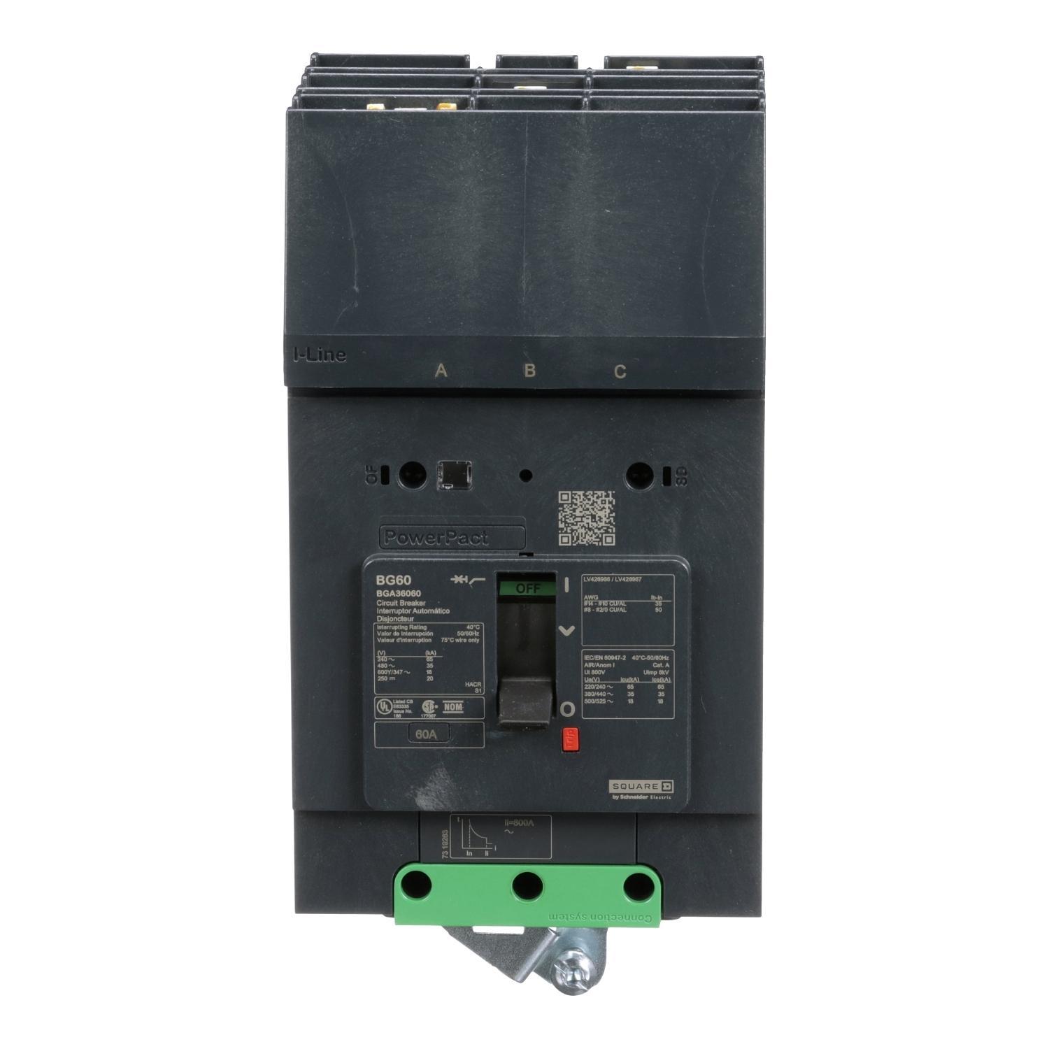 Square D™ PowerPact® I-Line® BGA36060 Molded Case Circuit Breaker, 480Y/277 V AC, 30 A, 25 kA at 240 V AC, 18 kA at 480 V AC, 14 kA at 600Y/347 V AC Interrupt, 2 Poles, Thermal Magnetic Trip