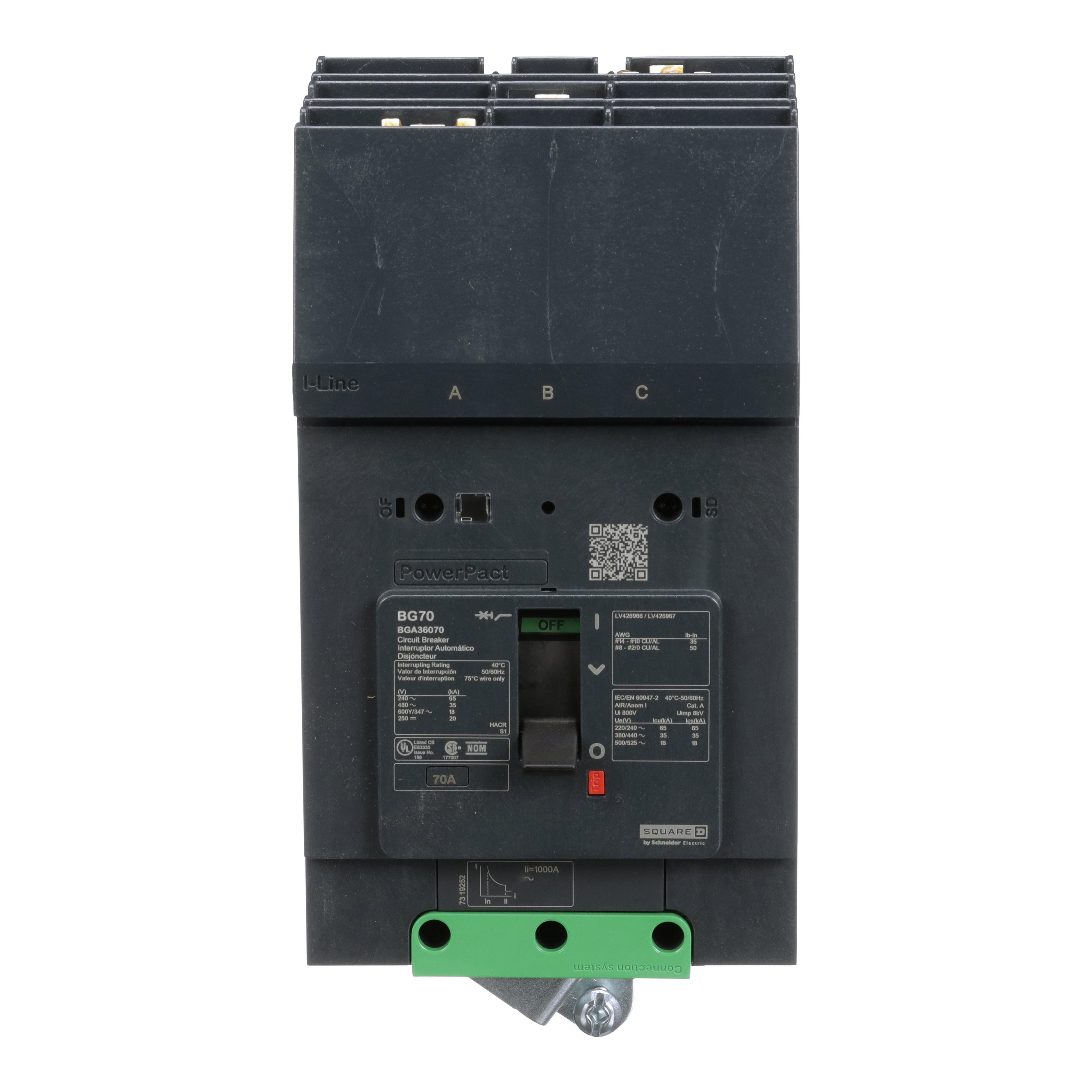 Square D™ PowerPact® I-Line® BGA36070 Molded Case Circuit Breaker, 600Y/347 V AC, 70 A, 65 kA at 240 V AC, 35 kA at 480 V AC, 18 kA at 600Y/347 V AC Interrupt, 3 Poles, Thermal Magnetic Trip