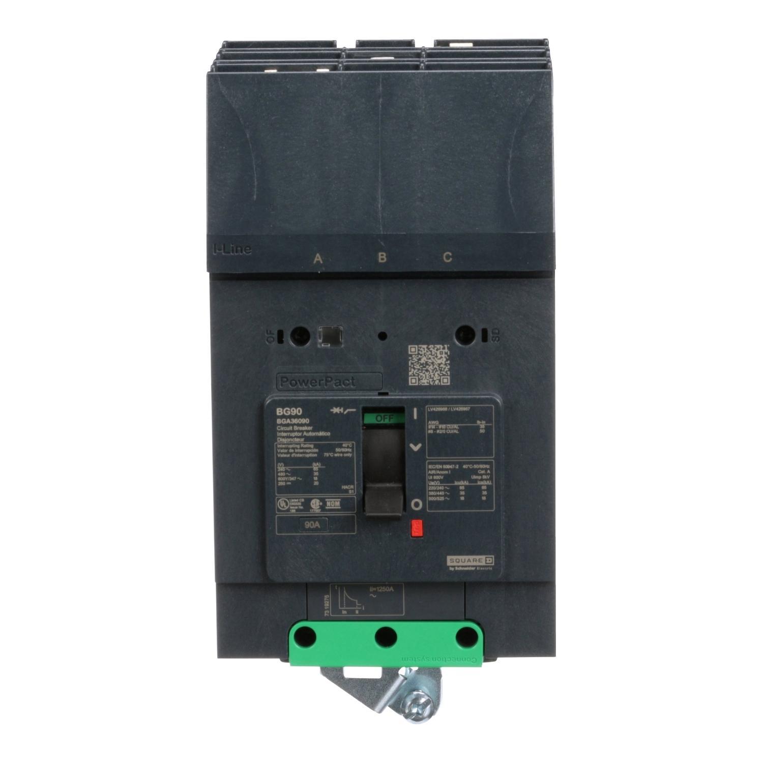 Square D™ PowerPact® I-Line® BGA36090 Molded Case Circuit Breaker, 600Y/347 V AC, 90 A, 65 kA at 240 V AC, 35 kA at 480 V AC, 18 kA at 600Y/347 V AC Interrupt, 3 Poles, Thermal Magnetic Trip