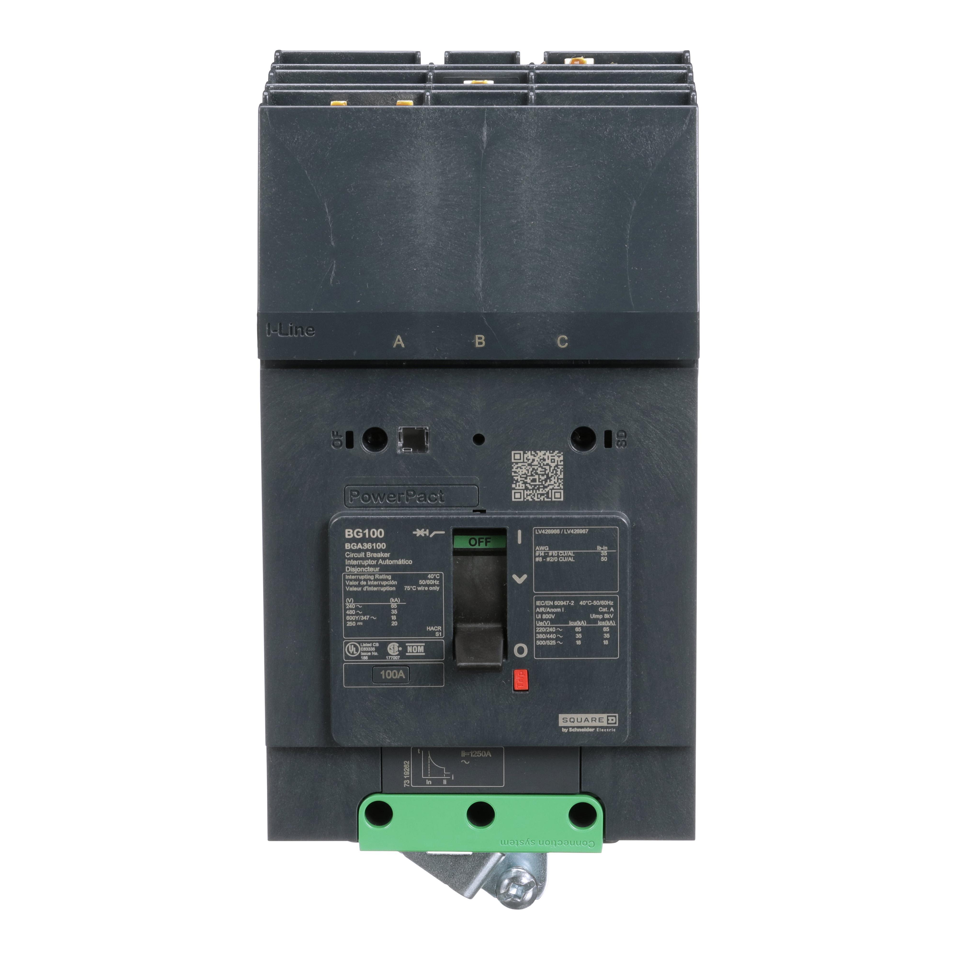 Square D™ PowerPact® I-Line® BGA36100 Molded Case Circuit Breaker, 480Y/277 V AC, 80 A, 25 kA at 240 V AC, 18 kA at 480 V AC, 14 kA at 600Y/347 V AC Interrupt, 1 Poles, Thermal Magnetic Trip