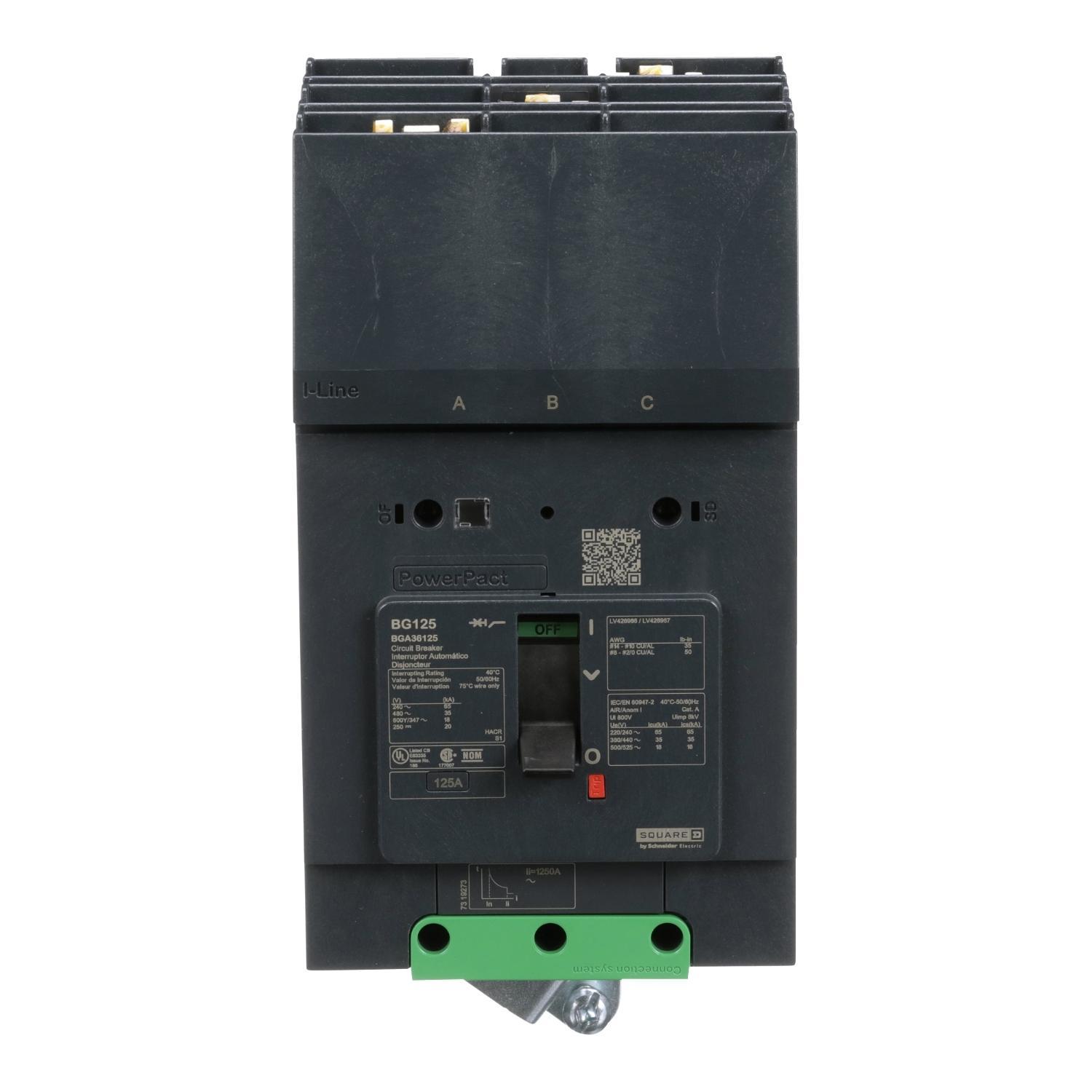 Square D™ PowerPact® I-Line® BGA36125 Type BGA Molded Case Circuit Breaker, 600Y/347 V AC, 125 A, 18 kA Interrupt, 3 Poles, Thermal Magnetic Trip