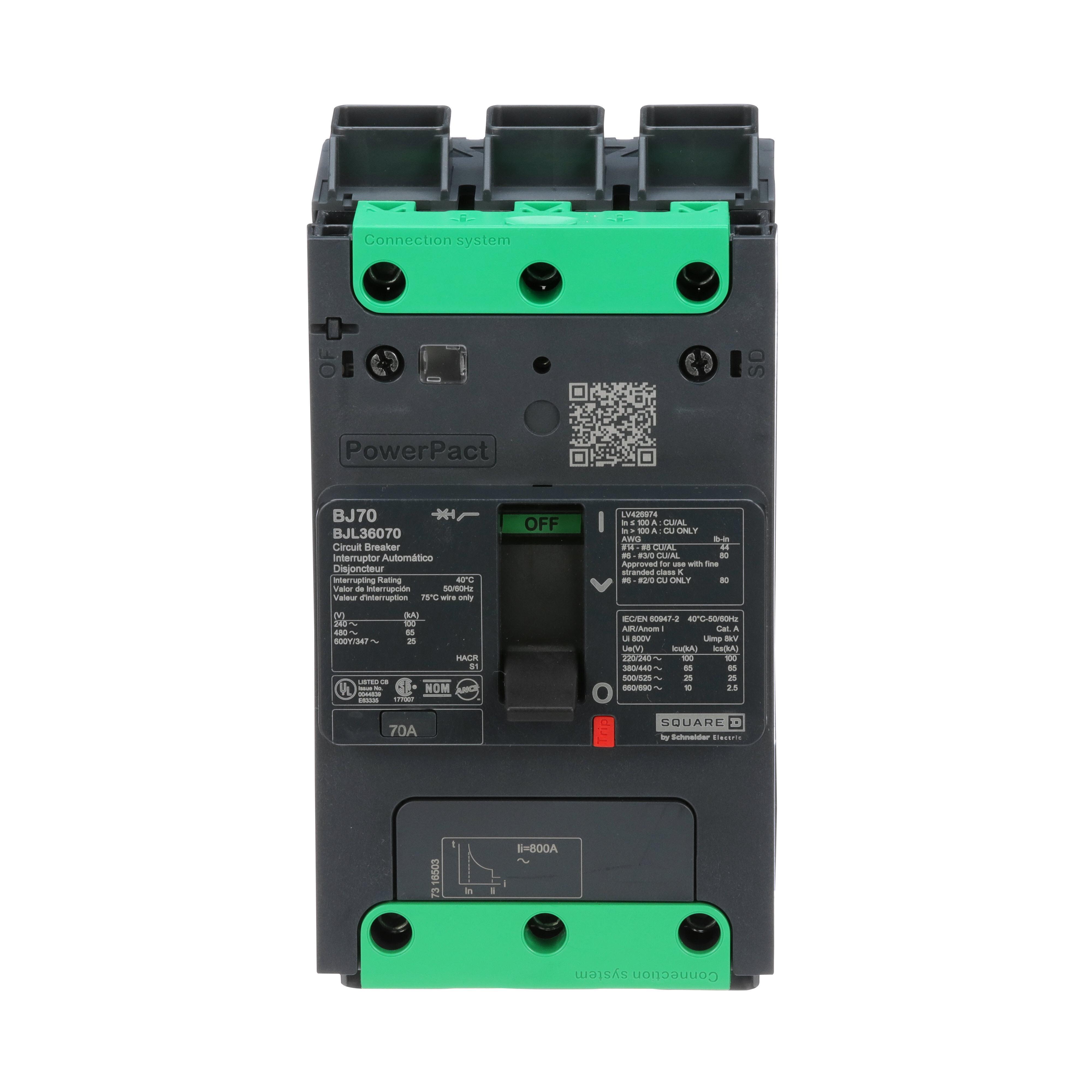 Square D™ PowerPact® EverLink BJL36070 Molded Case Circuit Breaker, 600Y/347 V AC, 70 A, 100 kA at 240 V AC, 65 kA at 480 V AC, 25 kA at 600Y/347 V AC Interrupt, 3 Poles, Thermal Magnetic Trip