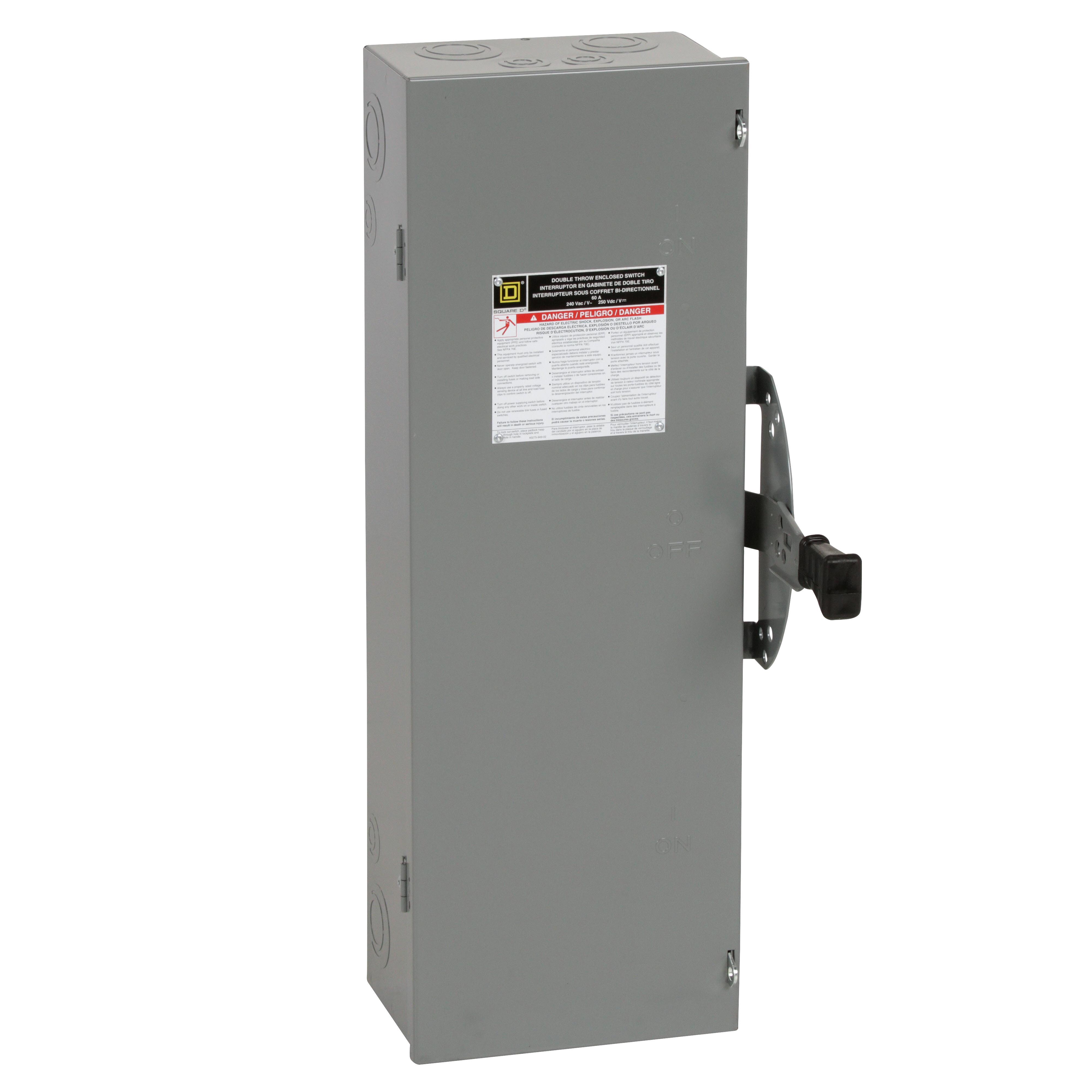 Square D™ DTU222 DT Series Double Throw General Purpose Non-Fusible Safety Switch, 240 V AC/250 V DC, 60 A, 10 hp, 2 Form C DPDT Contact, 2 Poles