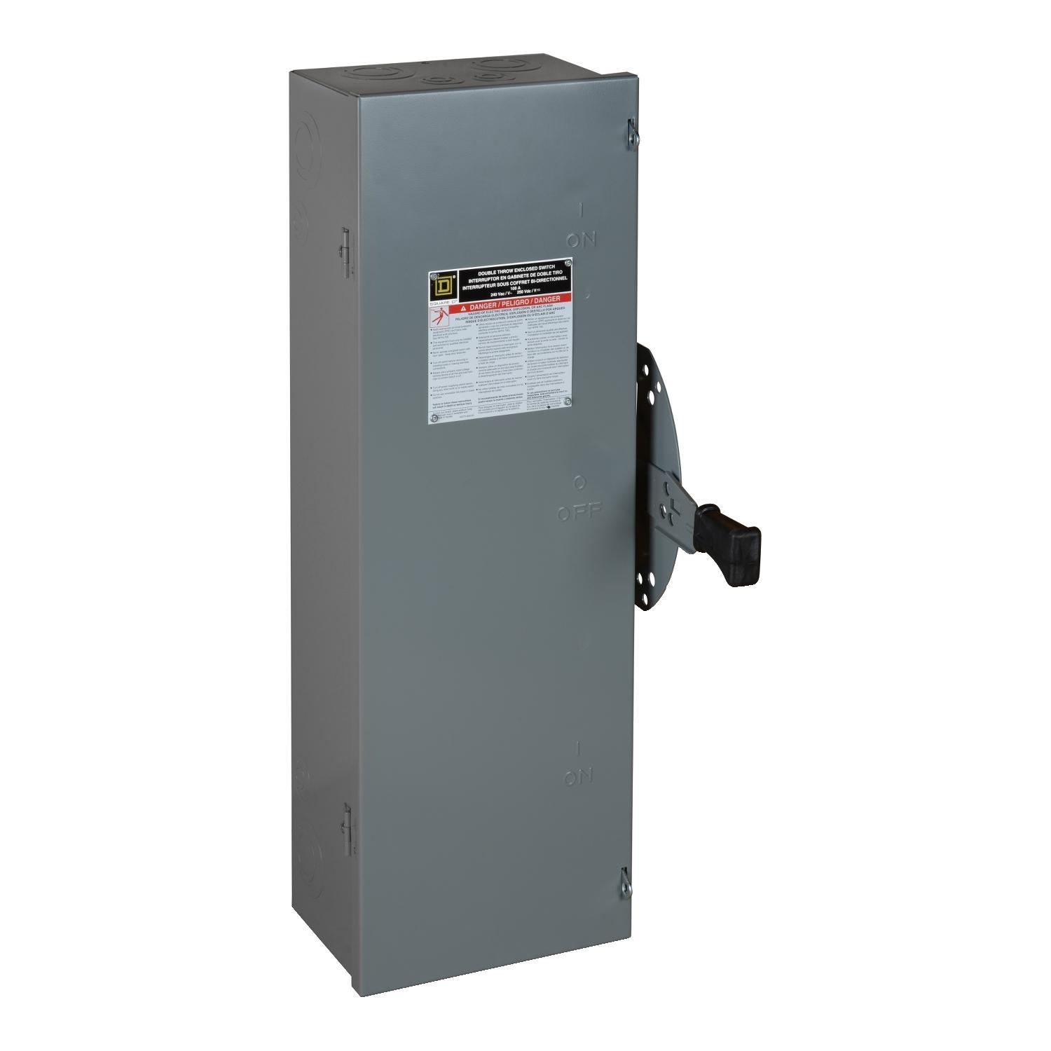 Square D™ DTU223 DT Series Double Throw Heavy Duty General Purpose Non-Fusible Safety Switch, 240 V AC/250 V DC, 100 A, 15 hp, 2 Form C DPDT Contact, 2 Poles