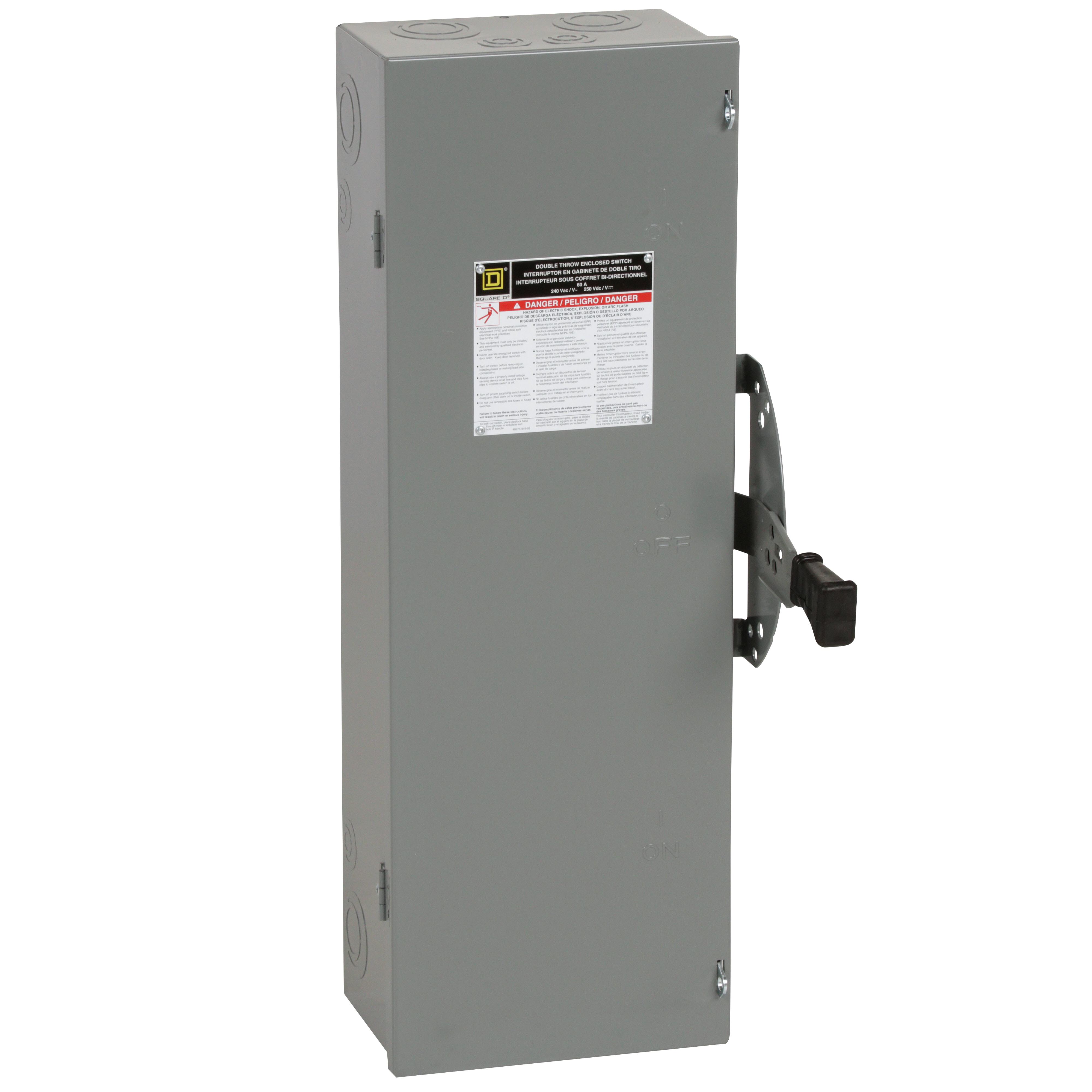 Square D™ DTU322 DT Series Double Throw General Purpose Non-Fusible Safety Switch, 240 V AC/250 V DC, 60 A, 15 hp, 10 hp, 3 Form C 3PDT Contact, 3 Poles