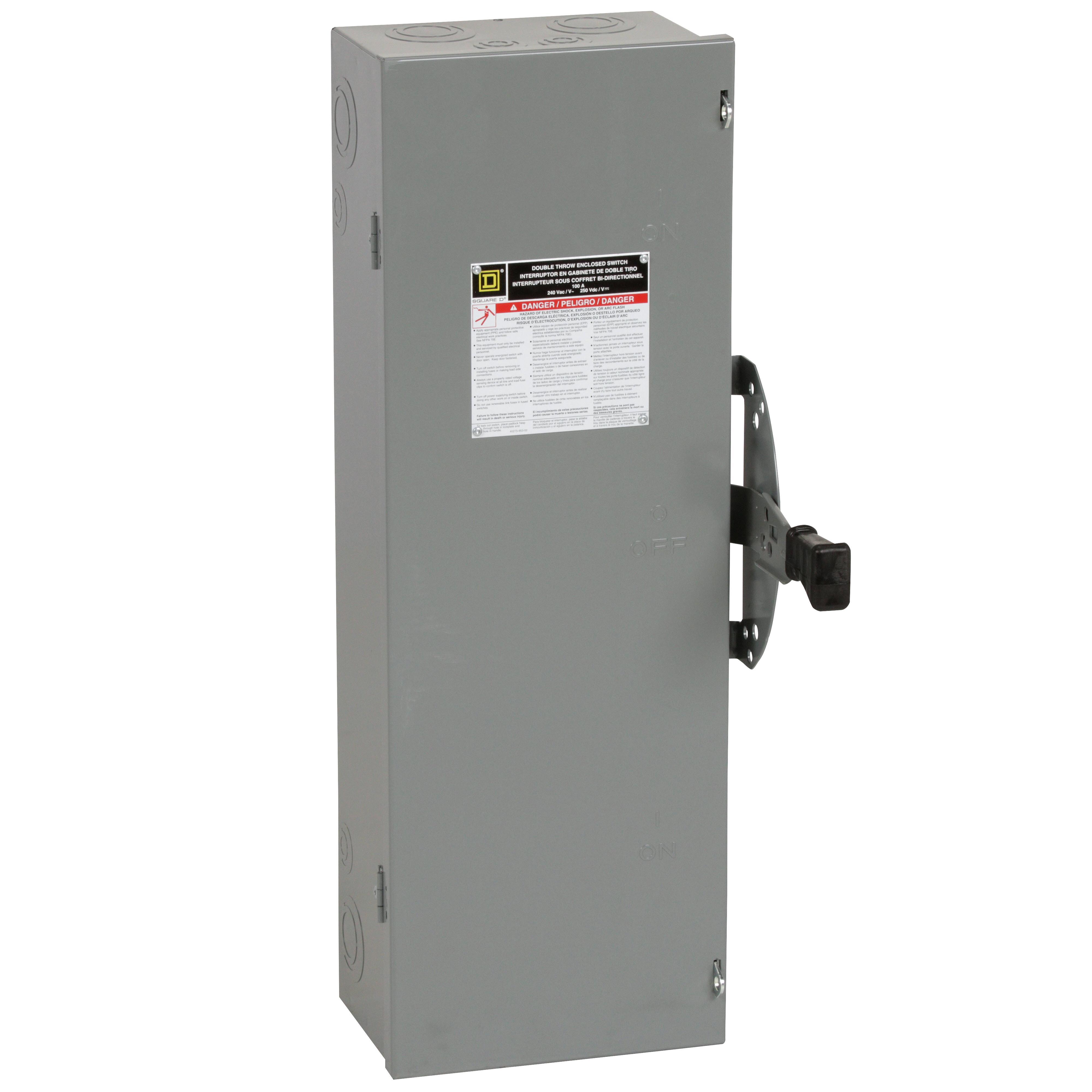 Square D™ DTU323 DT Series Double Throw General Purpose Non-Fusible Safety Switch, 240 V AC/250 V DC, 100 A, 15 hp, 20 hp, 30 hp, 3 Form C 3PDT Contact, 3 Poles