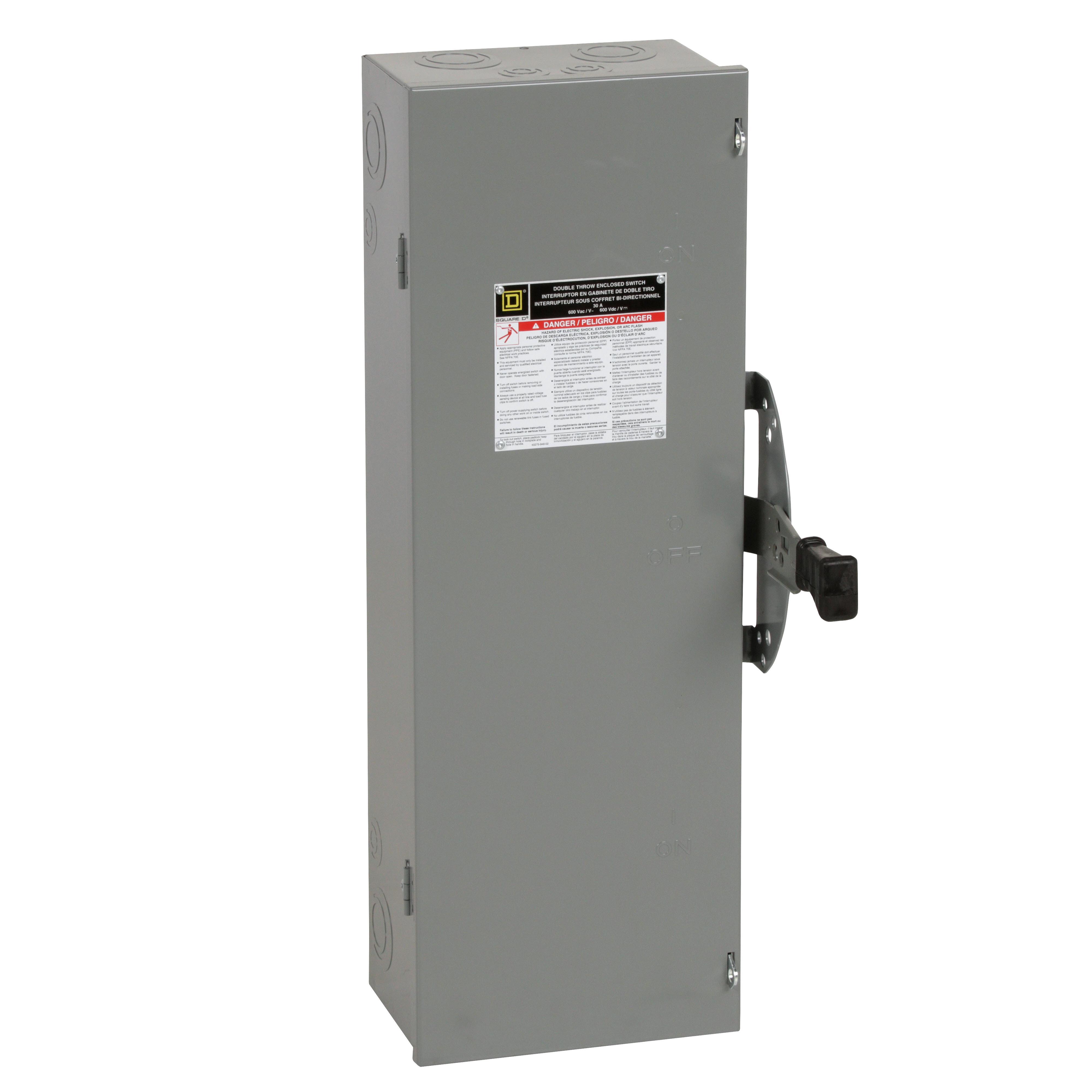 Square D™ DTU361 DT Series Double Throw General Purpose Non-Fusible Safety Switch, 600 V AC/DC, 30 A, 10 hp, 15 hp, 30 hp, 3 Form C 3PDT Contact, 3 Poles