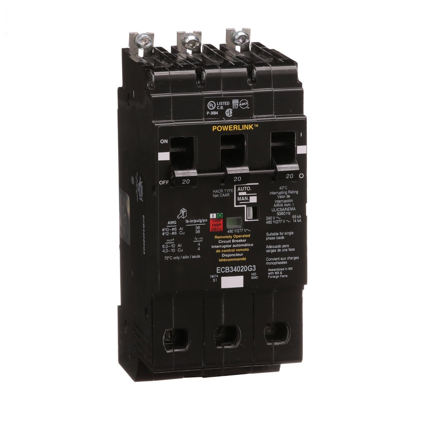 Square D™ Powerlink™ G3 ECB34020G3 Type ECB-G3 Molded Case Circuit Breaker, 480/277 V AC, 20 A, 42/14 kA Interrupt, 3 Poles, Thermal Magnetic Trip