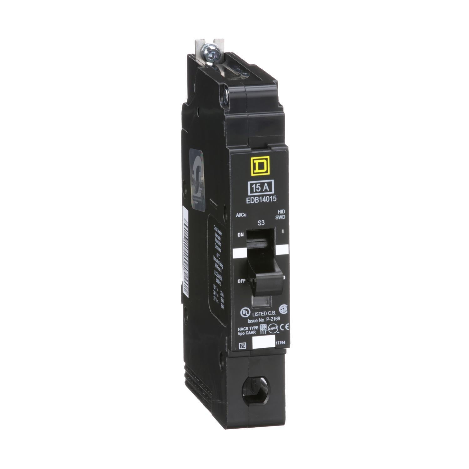 Square D™ EDB14015 Molded Case Standard Miniature Circuit Breaker, 277 V AC, 15 A, 18 kA Interrupt, 1 Pole, Thermal Magnetic Trip