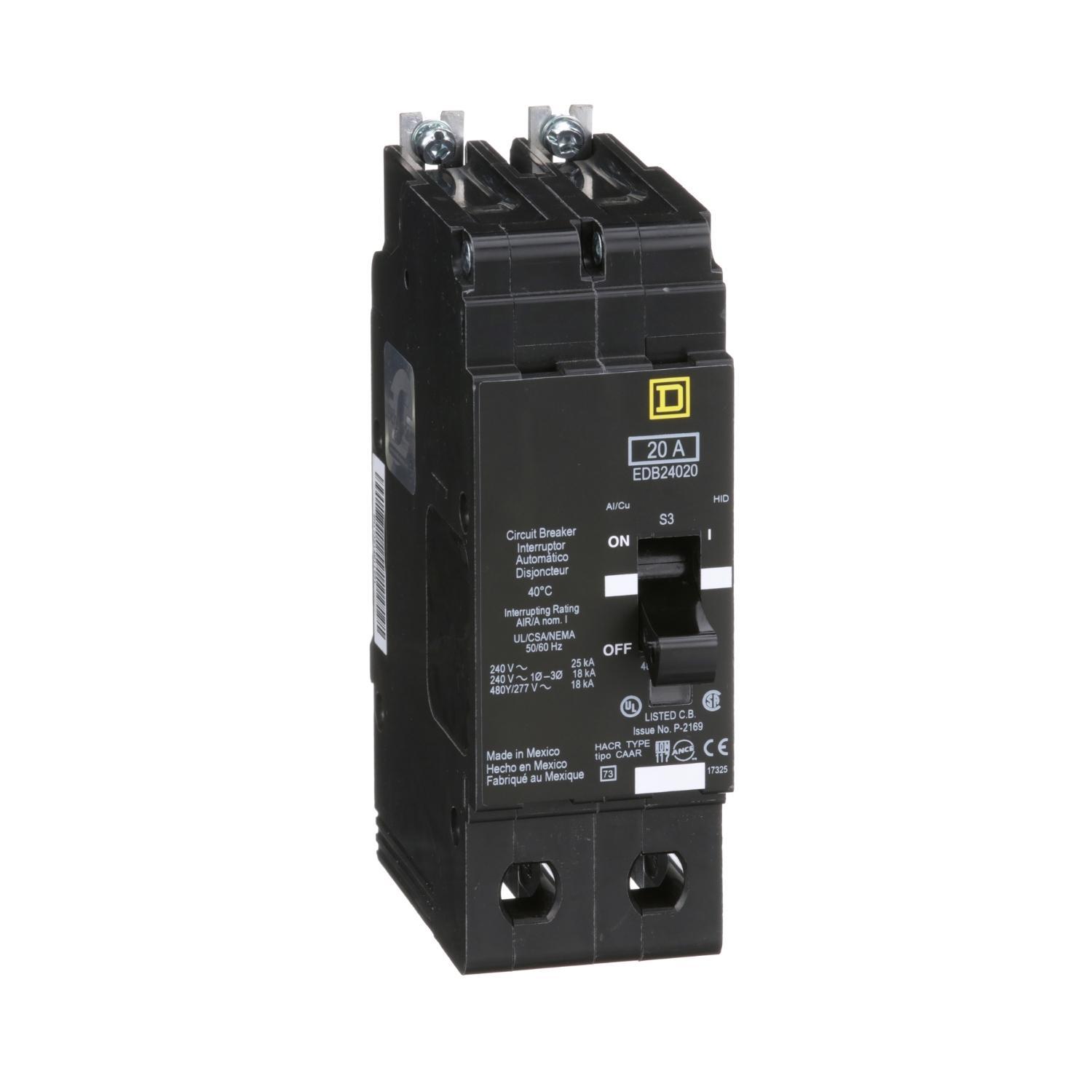 Square D™ EDB24020 Type EDB Molded Case Standard E-FRAME Miniature Circuit Breaker, 277/480Y V AC, 20 A, 18 kA Interrupt, 2 Poles, Thermal Magnetic Trip