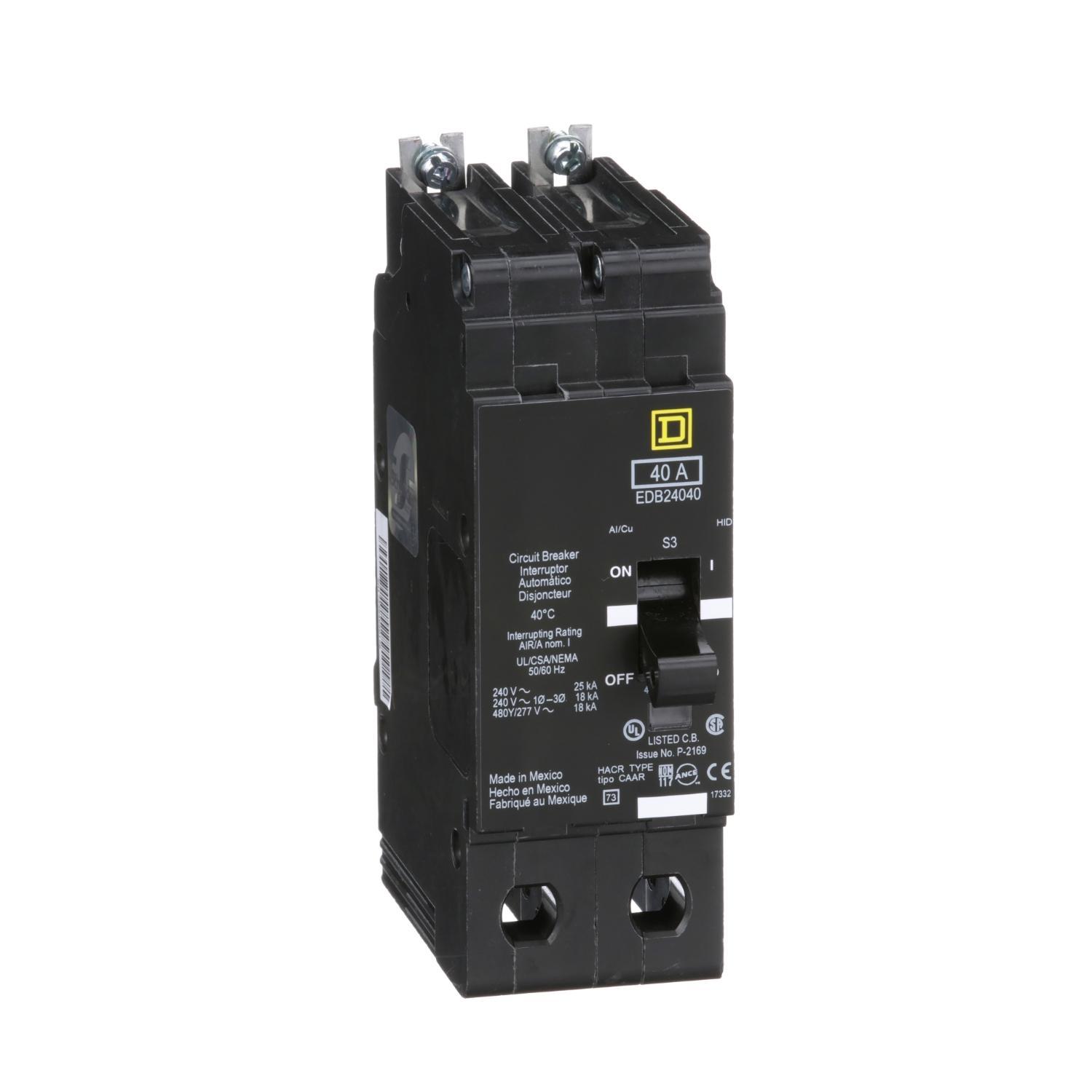 Square D™ EDB24040 Type EDB Molded Case Standard E-FRAME Miniature Circuit Breaker, 277/480Y V AC, 40 A, 18 kA Interrupt, 2 Poles, Thermal Magnetic Trip