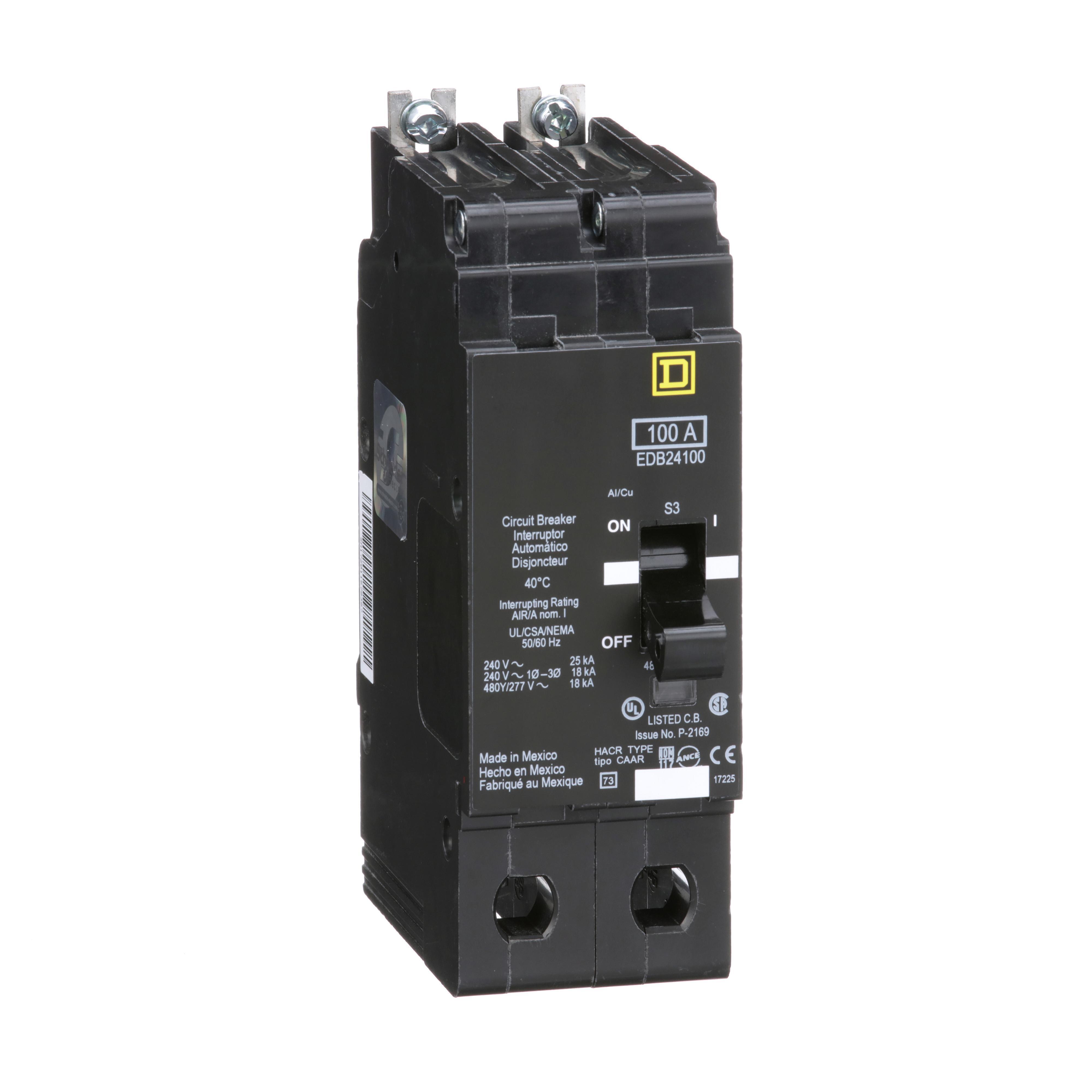 Square D™ E-FRAME EDB24100 Type EDB Molded Case Standard Miniature Circuit Breaker, 277/480Y V AC, 100 A, 18 kA Interrupt, 2 Poles, Thermal Magnetic Trip