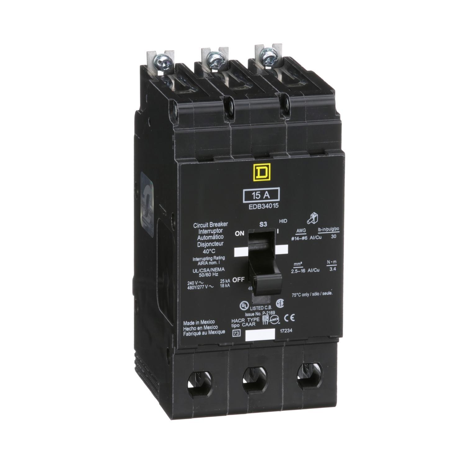 Square D™ EDB34015 Type EDB Molded Case Standard E-FRAME Miniature Circuit Breaker, 277/480Y V AC, 15 A, 18 kA Interrupt, 3 Poles, Thermal Magnetic Trip