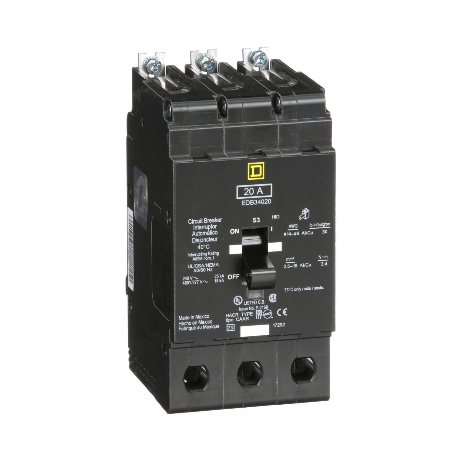 Square D™ EDB34020 Type EDB Molded Case Standard E-FRAME Miniature Circuit Breaker, 277/480Y V AC, 20 A, 18 kA Interrupt, 3 Poles, Thermal Magnetic Trip