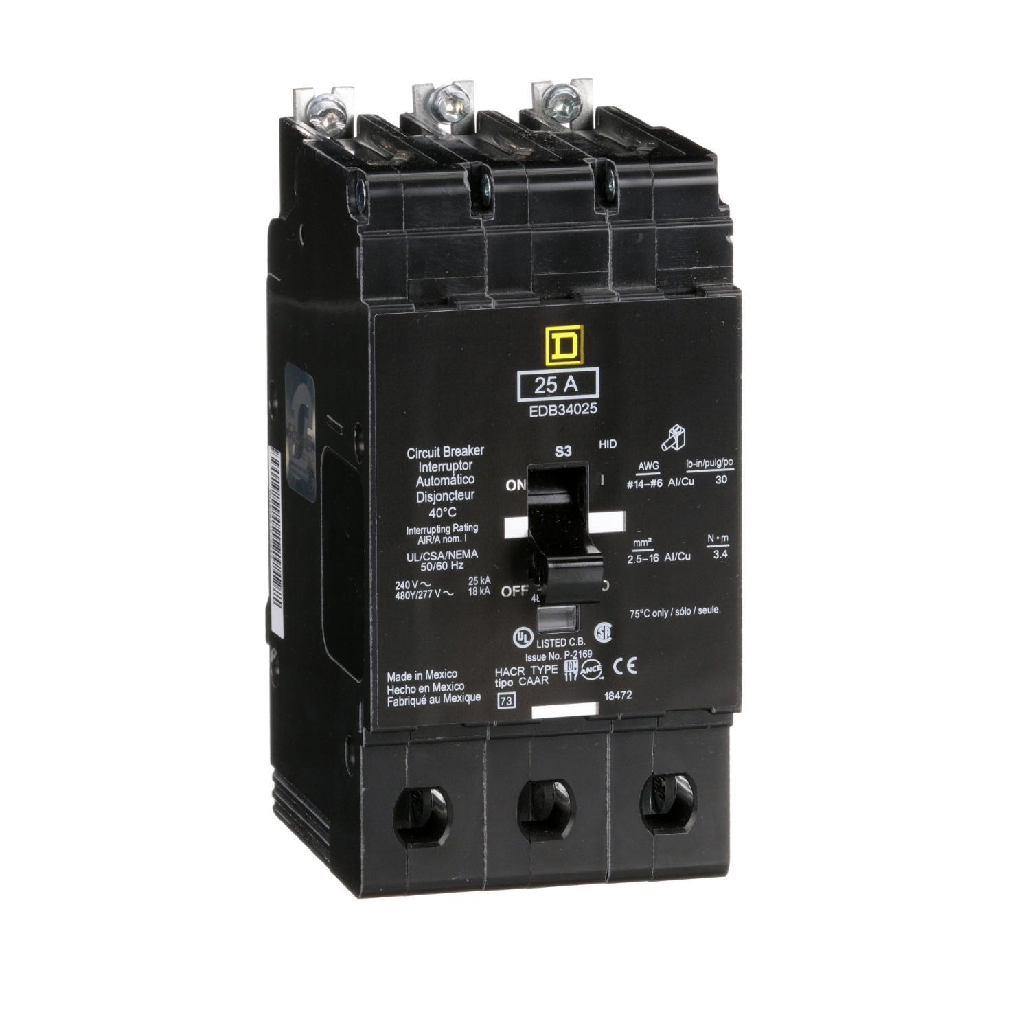 Square D™ EDB34025 Type EDB Molded Case Standard E-FRAME Miniature Circuit Breaker, 277/480Y V AC, 25 A, 18 kA Interrupt, 3 Poles, Thermal Magnetic Trip