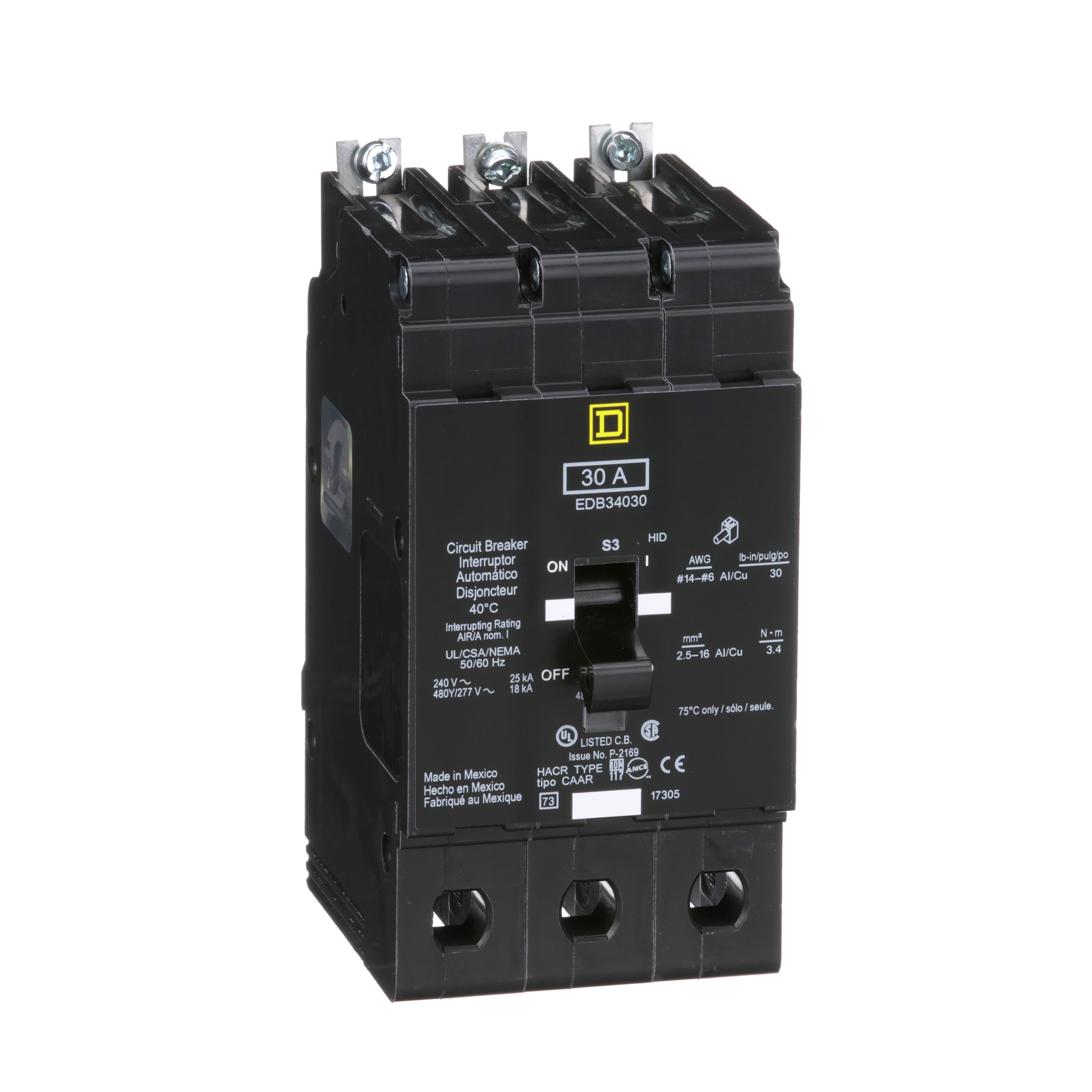 Square D™ EDB34030 Type EDB Molded Case Standard E-FRAME Miniature Circuit Breaker, 277/480Y V AC, 30 A, 18 kA Interrupt, 3 Poles, Thermal Magnetic Trip